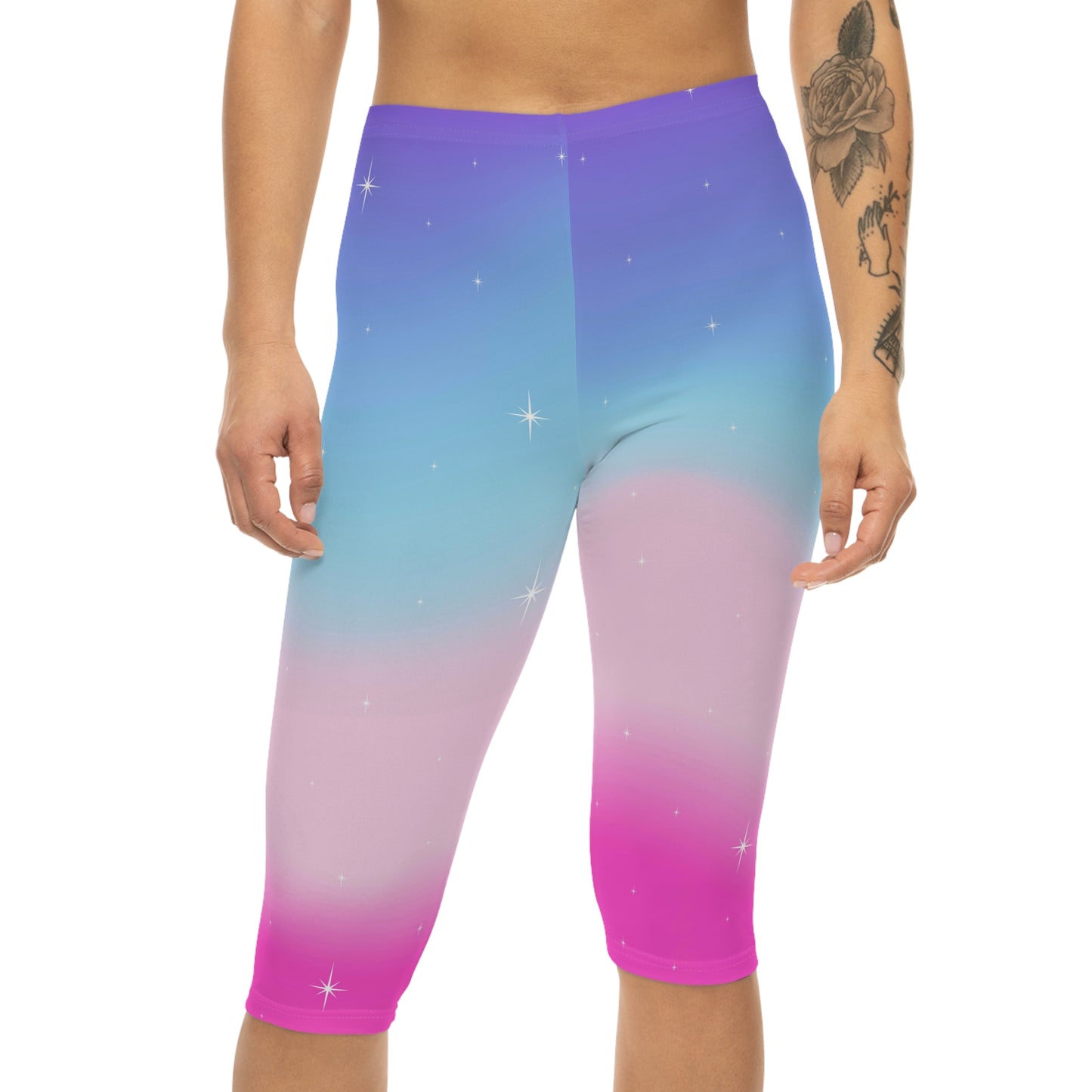 Rainbow Cotton Candy Cosmos Capri Leggings – Vibrant Galaxy Pattern from Rainbowtique’s Athletic Wear Collection
