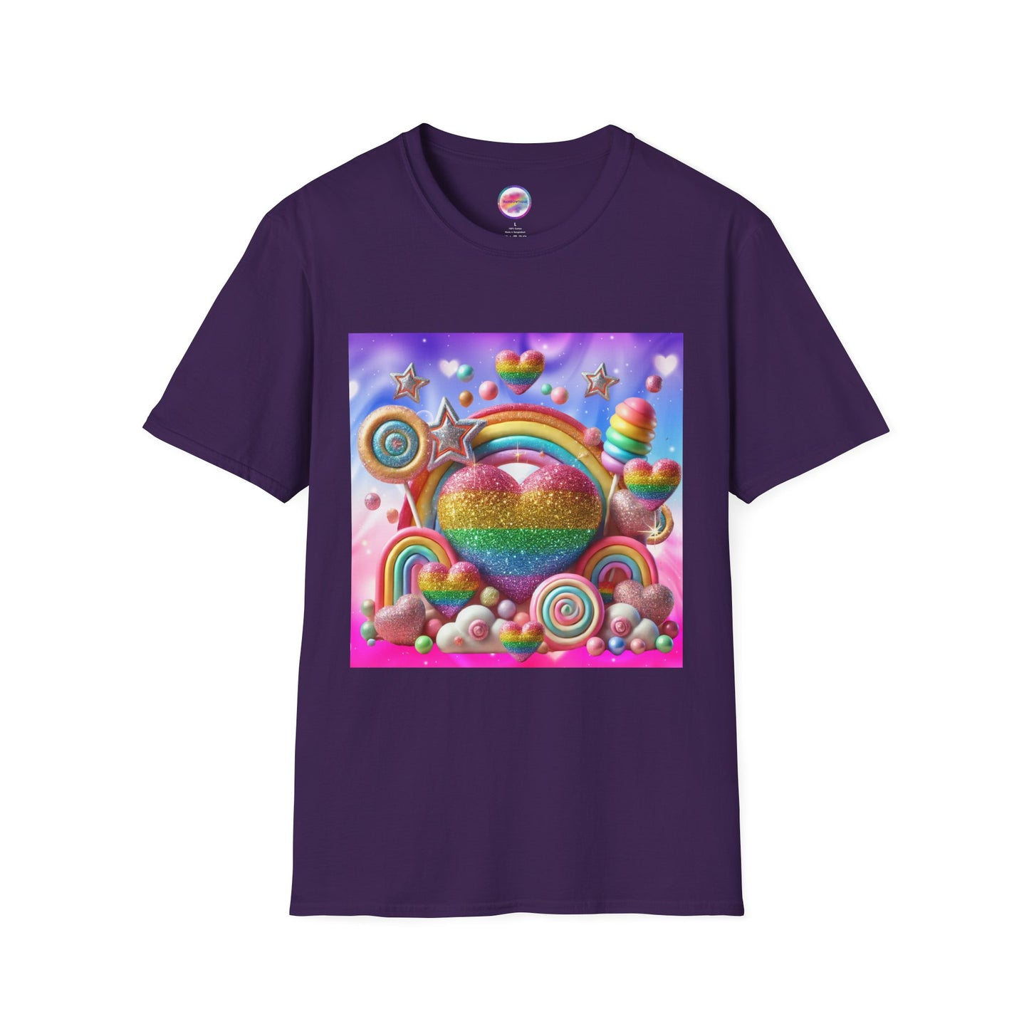 Sweet Rainbow Love Candy T-Shirt – Rainbow Glitter Heart & Lollipop Wonderland | Colorful Whimsical Tee for Fun & Pride