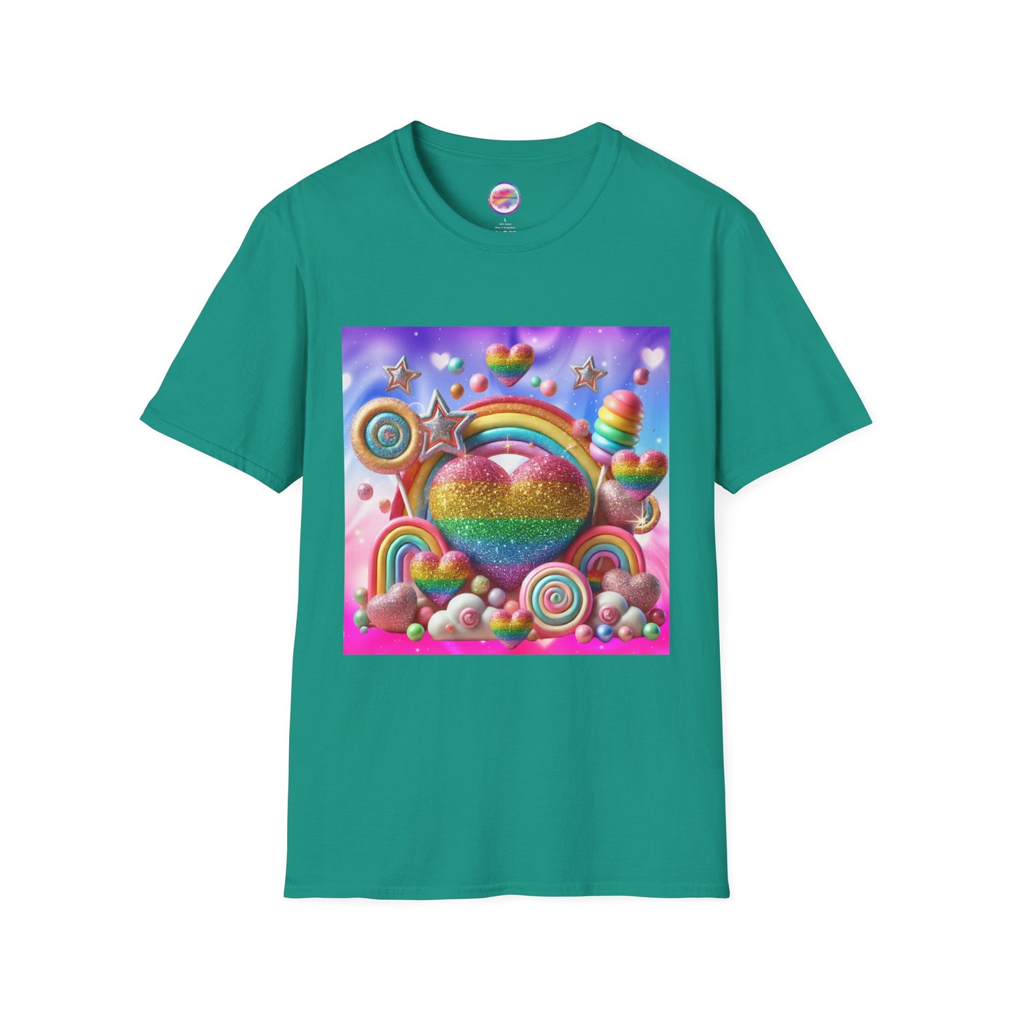 Sweet Rainbow Love Candy T-Shirt – Rainbow Glitter Heart & Lollipop Wonderland | Colorful Whimsical Tee for Fun & Pride