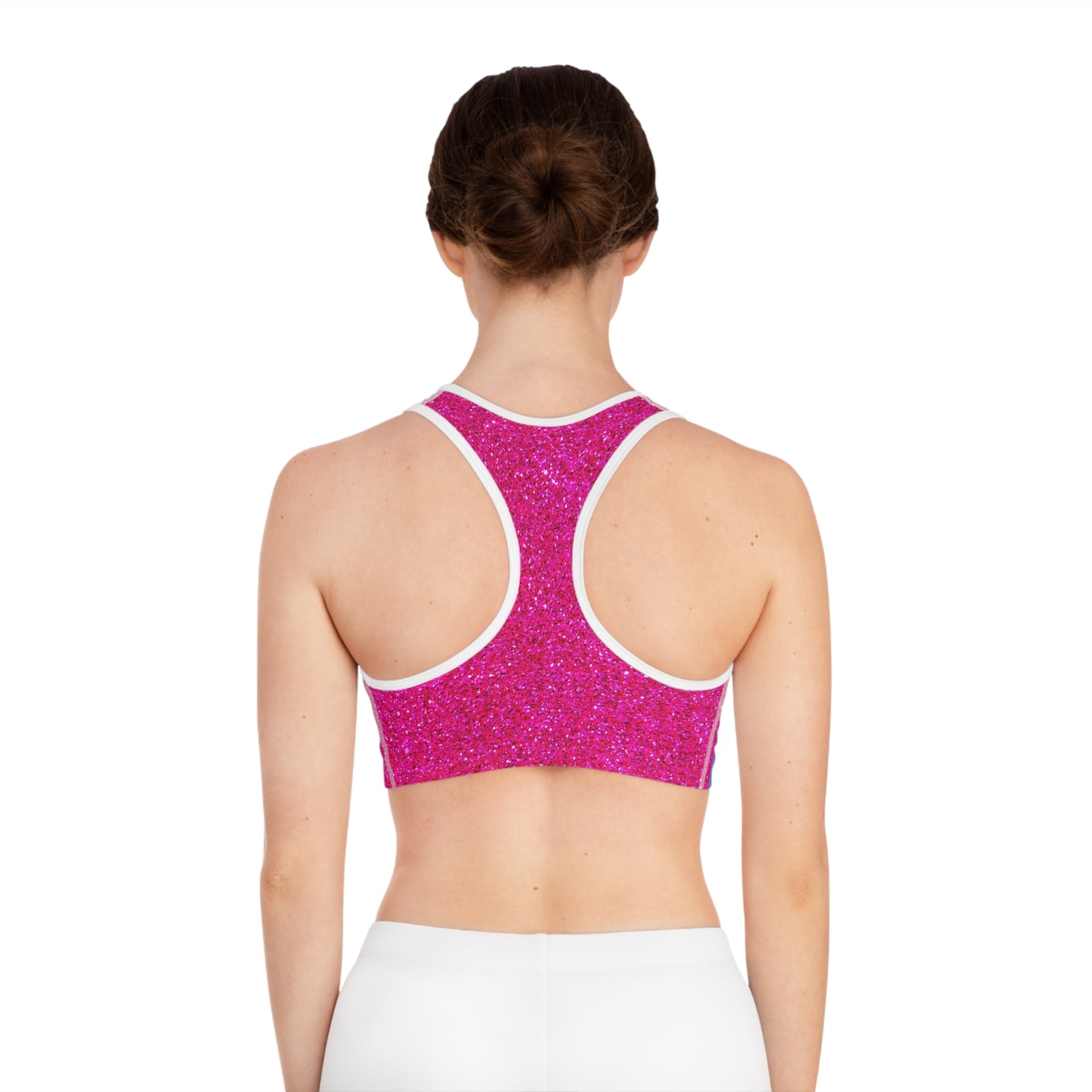 Rainbow Cotton Candy Cosmos Sports Bra – Vibrant Pink and Blue Galaxy Pattern from Rainbowtique’s Athletic Wear Collection