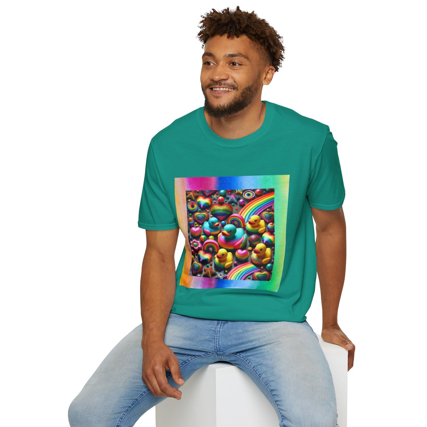 Rainbow Rubber Ducky Sparkle n Splash Hearts & Stars T-Shirt – Cute All-Over Print Tee for LGBTQ+ Inclusivity – Colorful Pride Fashion