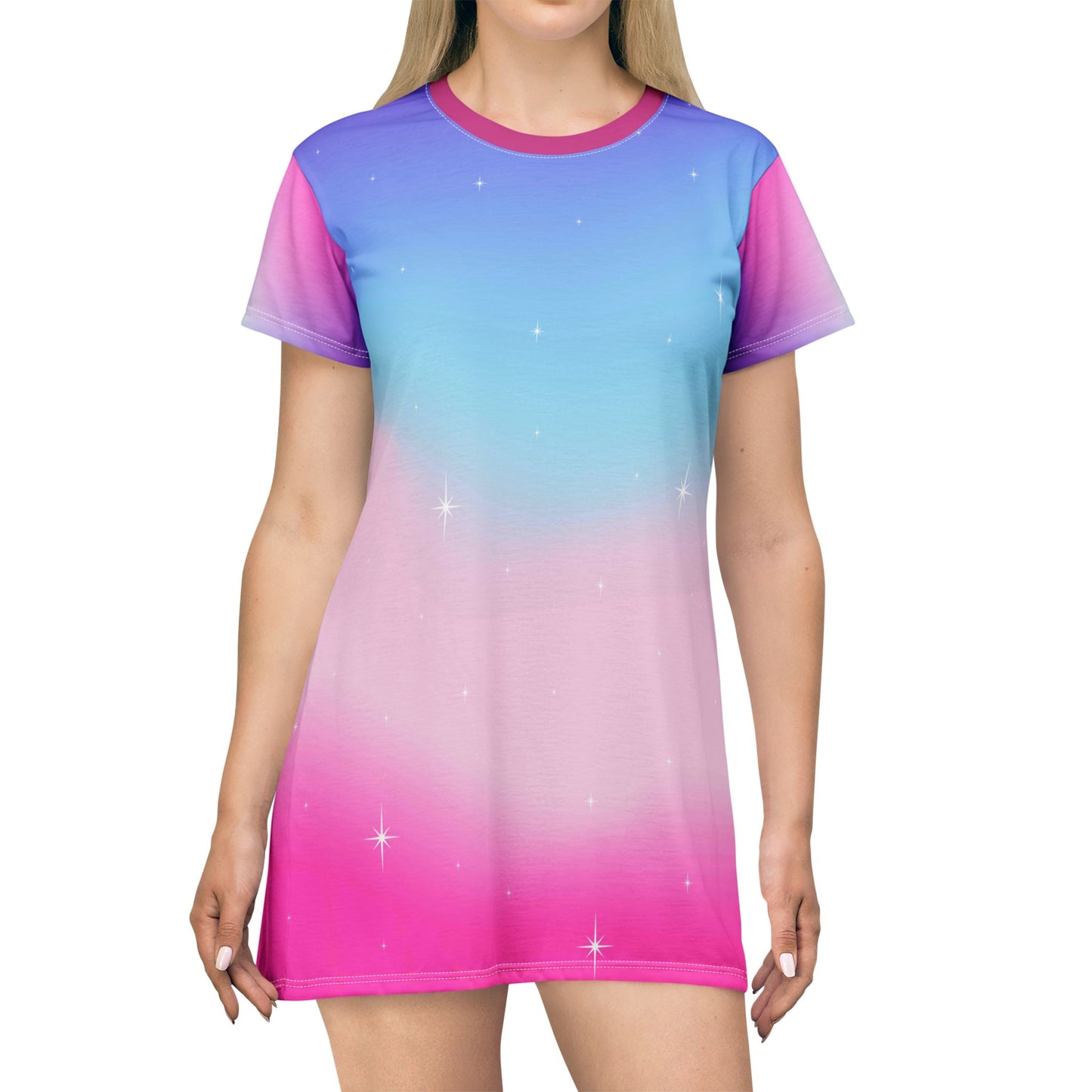 Rainbow Cotton Candy Cosmos T-Shirt Dress – Pastel Galaxy Trans-Pride Inspired Fashion | Soft & Colorful Pink and Blue Ombre Dress for All Genders by Rainbowtique