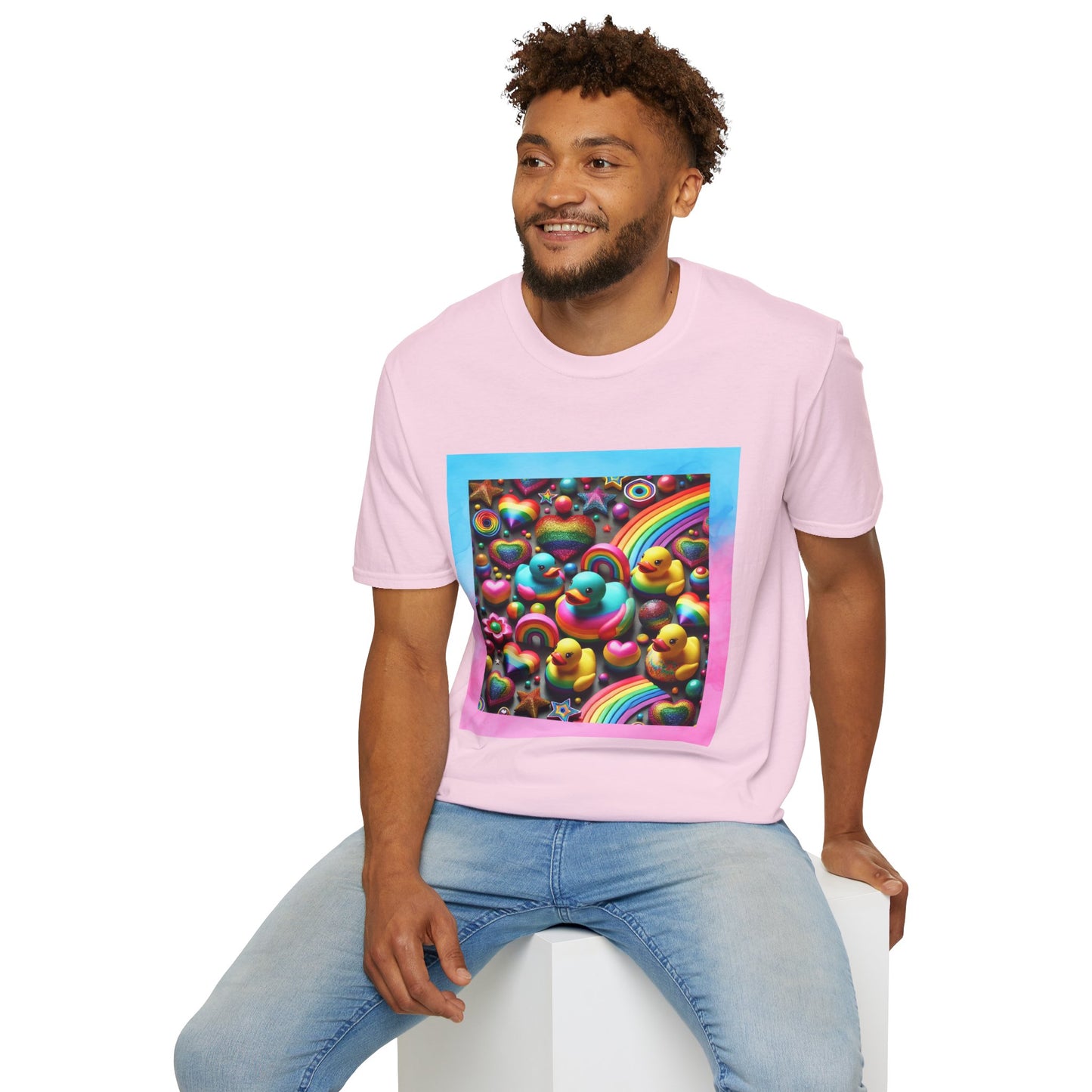 Rainbow Rubber Ducky Sparkle n Splash Hearts & Stars T-Shirt – Cute All-Over Print Tee for LGBTQ+ Inclusivity – Colorful Pride Fashion