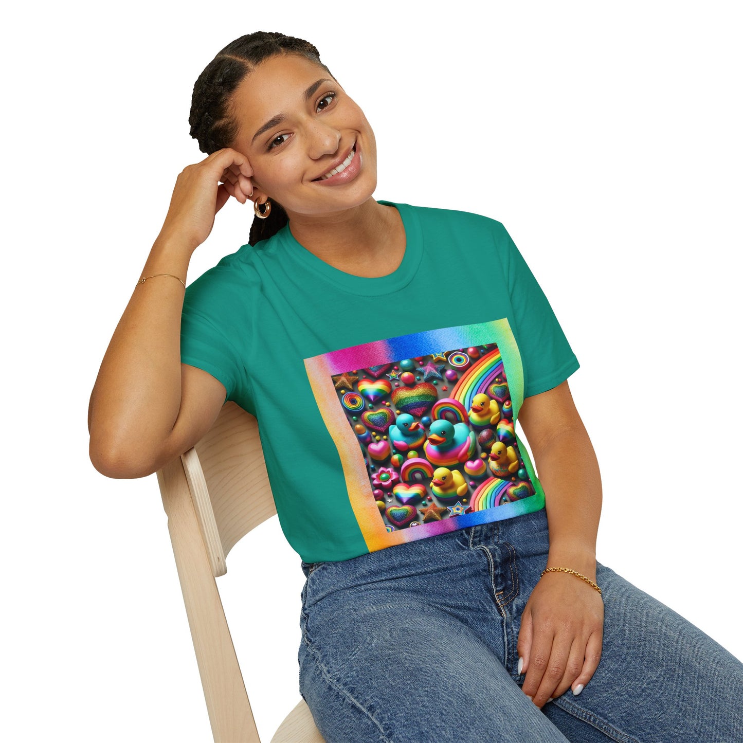 Rainbow Rubber Ducky Sparkle n Splash Hearts & Stars T-Shirt – Cute All-Over Print Tee for LGBTQ+ Inclusivity – Colorful Pride Fashion