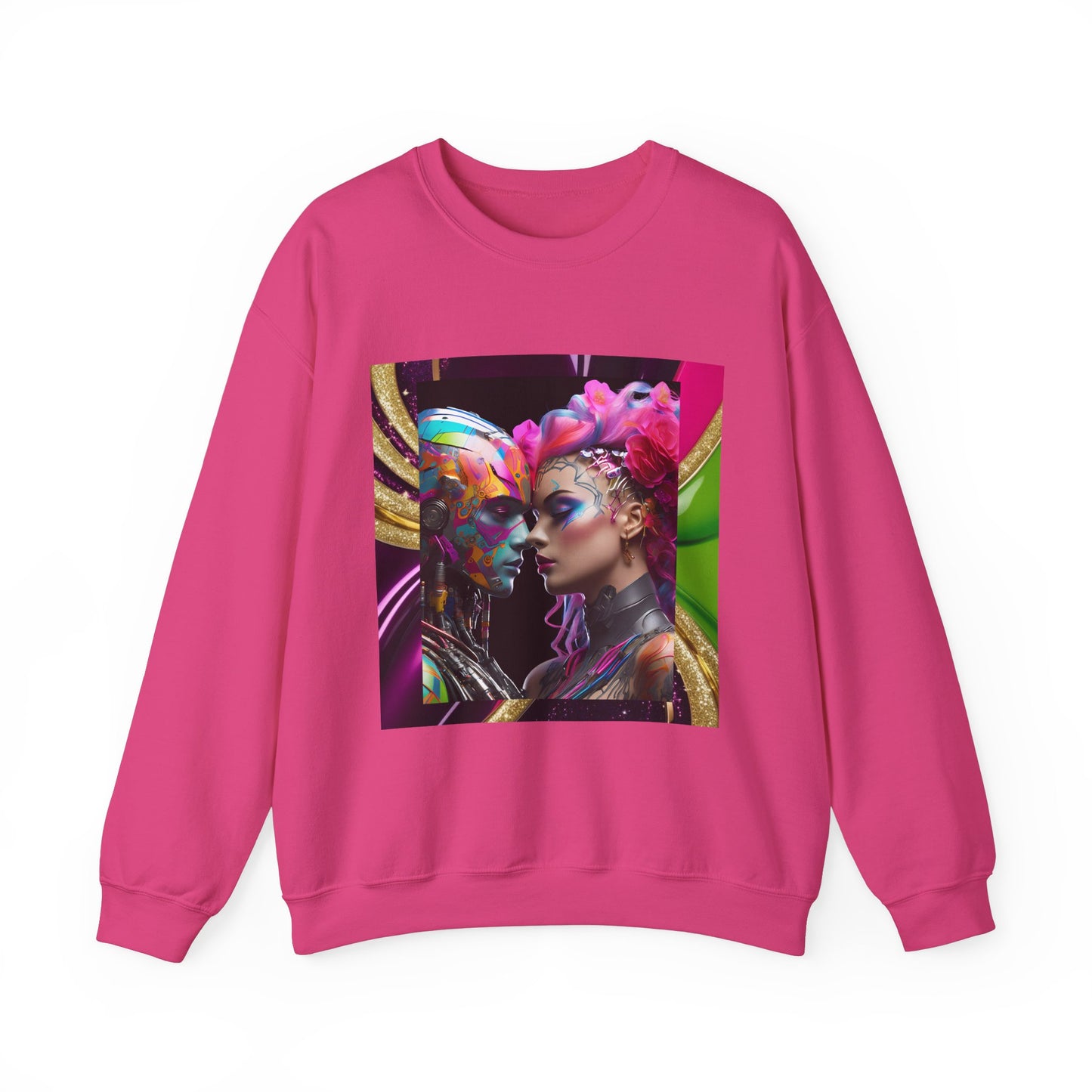 AI Rainbow Robot Love Sweatshirt – Cozy All-Over Print Pullover for Pride & Futuristic Fashion – Cyberpunk LGBTQ+ Art