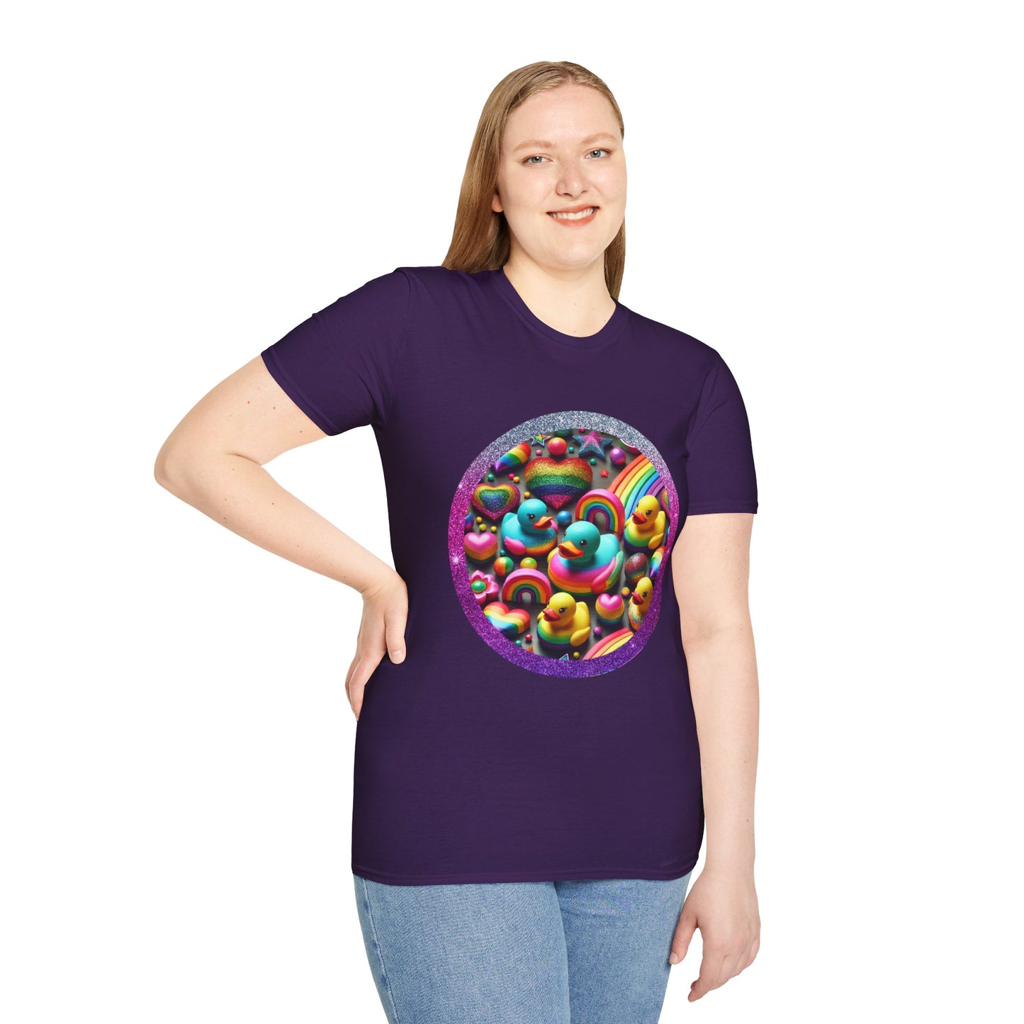 Rainbow Rubber Ducky Sparkle n Splash Hearts & Stars T-Shirt – Cute All-Over Print Tee for LGBTQ+ Inclusivity – Colorful Pride Fashion