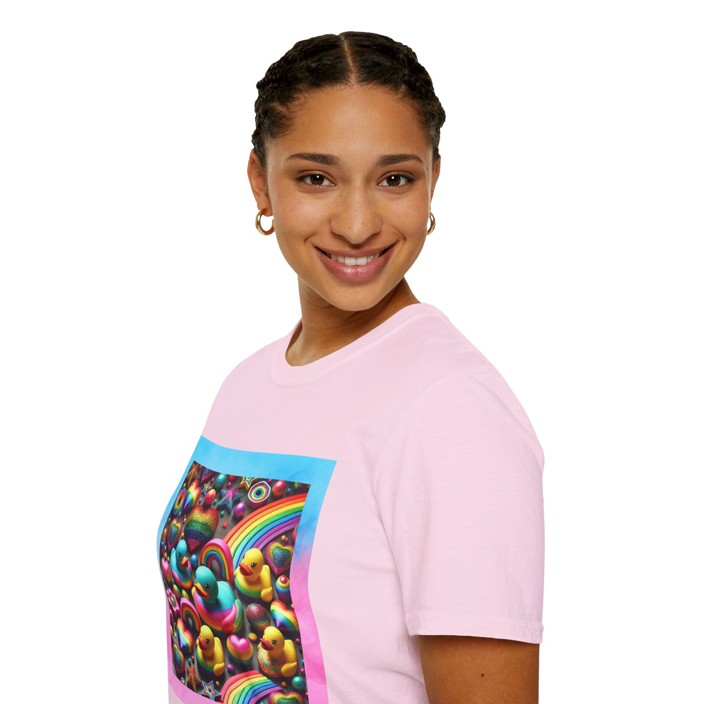 Rainbow Rubber Ducky Sparkle n Splash Hearts & Stars T-Shirt – Cute All-Over Print Tee for LGBTQ+ Inclusivity – Colorful Pride Fashion