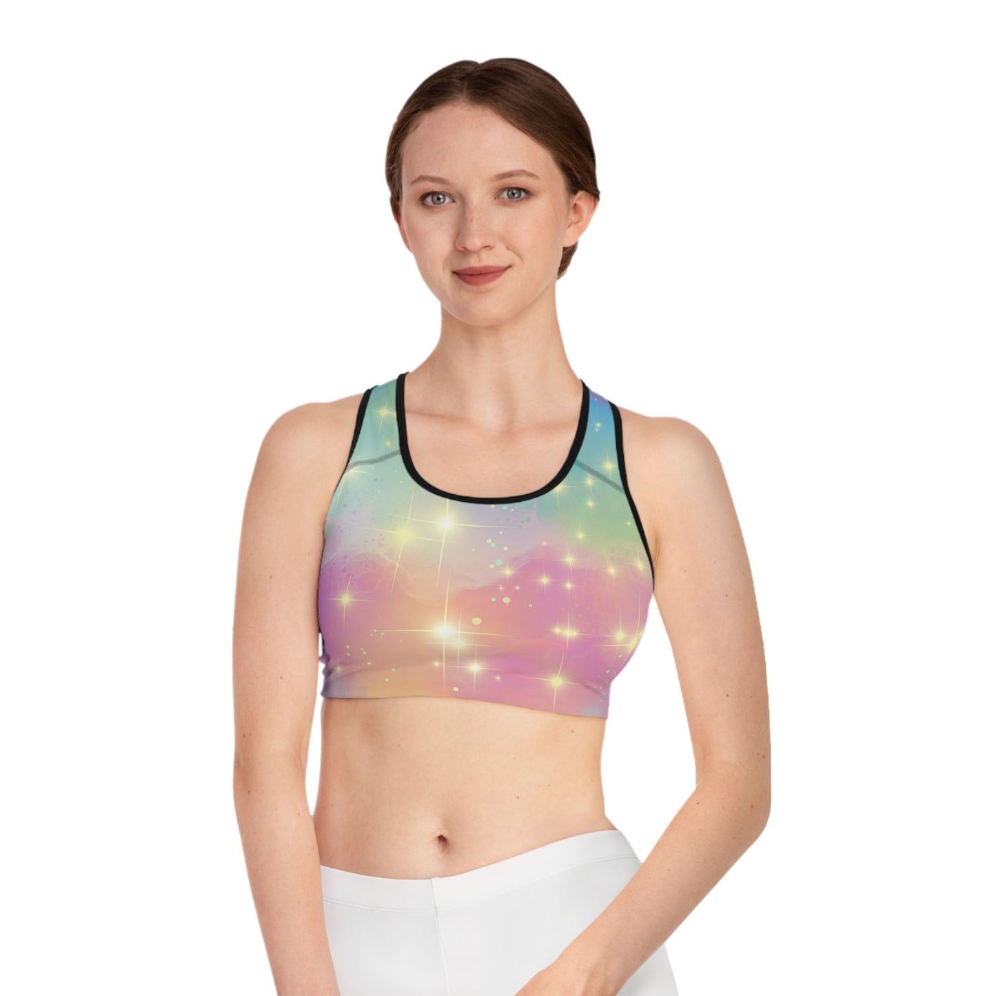 Cosmic Stardust Glow Sports Bra – Pastel Galaxy Pride Activewear | Breathable Stretchy All-Gender Workout Top by Rainbowtique