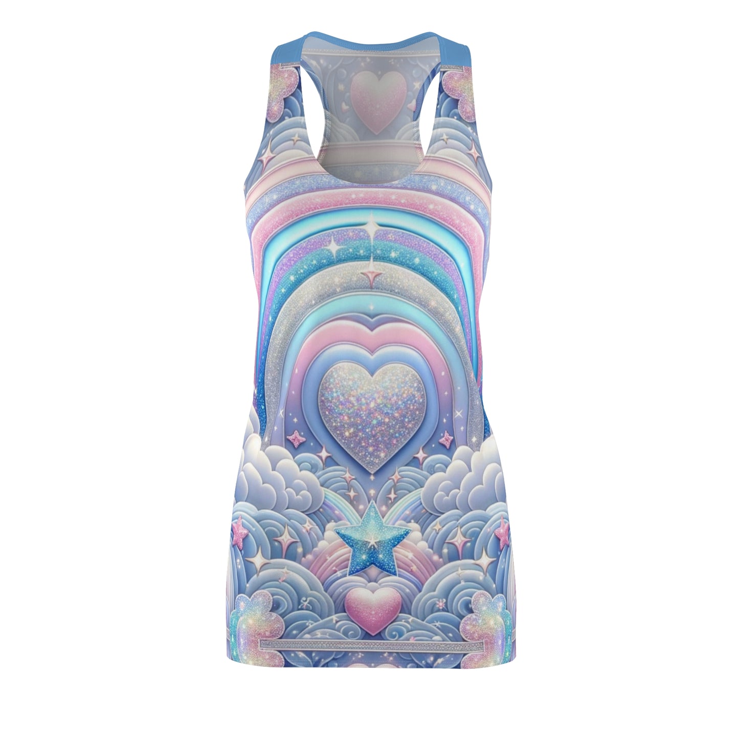 Rainbow Dreamscape Fantasy Fairytale Trans Pride T-Shirt Dress β Dreamy All-Over Print Outfit for LGBTQ+ Pride & Self-Expression β Pastel Heart & Cloud Design