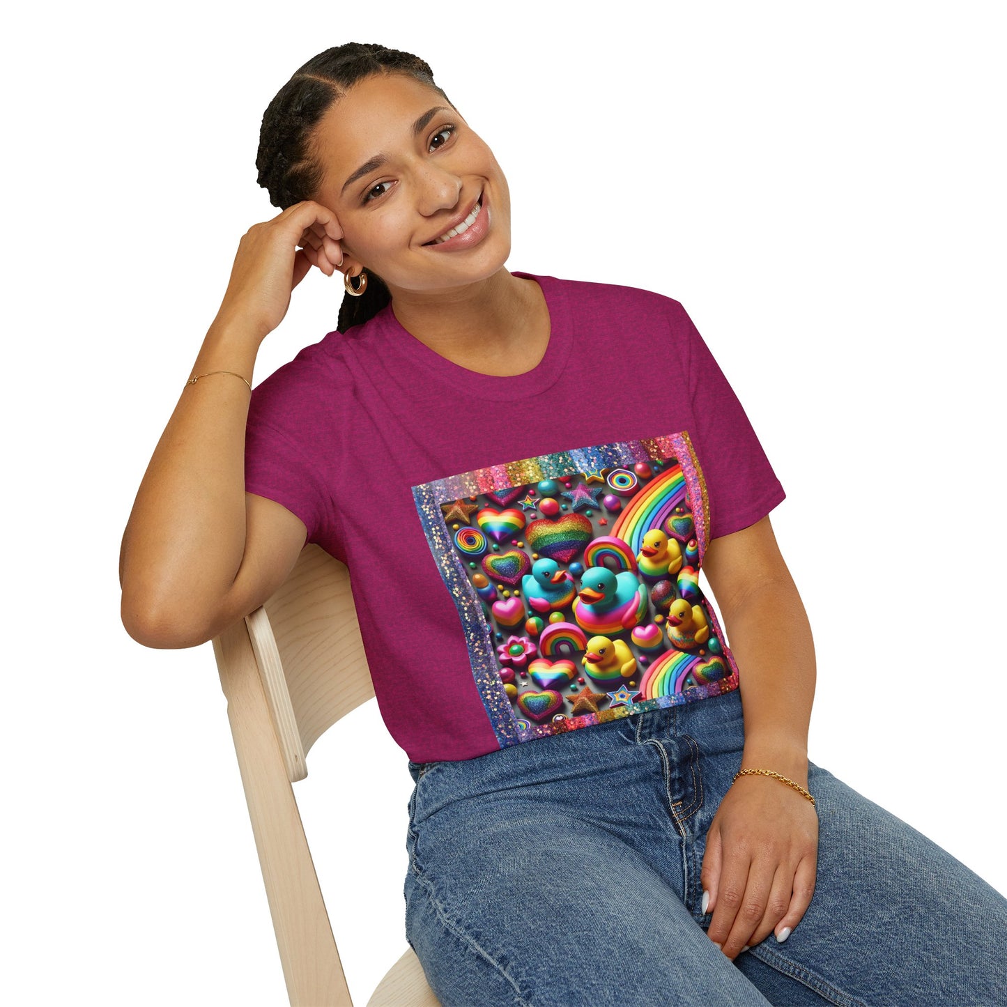 Rainbow Rubber Ducky Sparkle n Splash Hearts & Stars T-Shirt – Cute All-Over Print Tee for LGBTQ+ Inclusivity – Colorful Pride Fashion