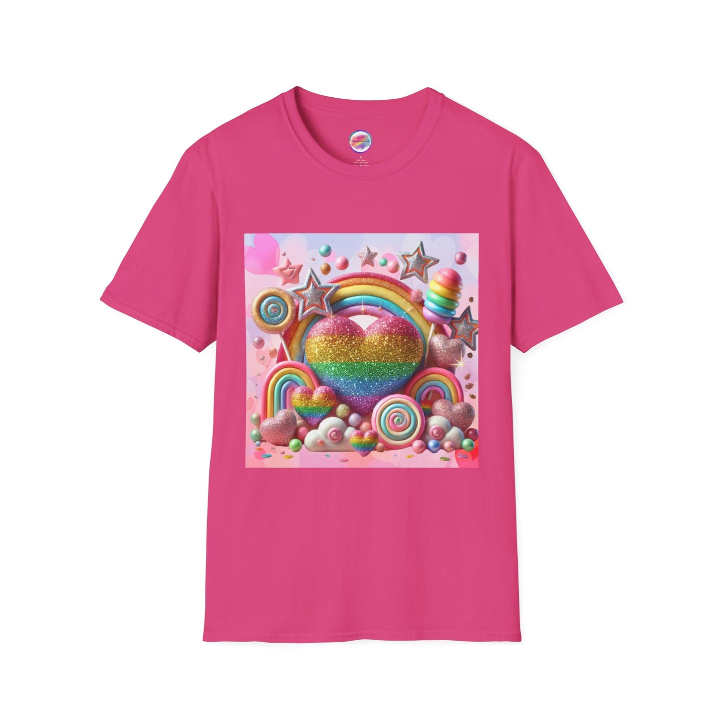 Sweet Rainbow Love Candy T-Shirt – Rainbow Glitter Heart & Lollipop Wonderland | Colorful Whimsical Tee for Fun & Pride