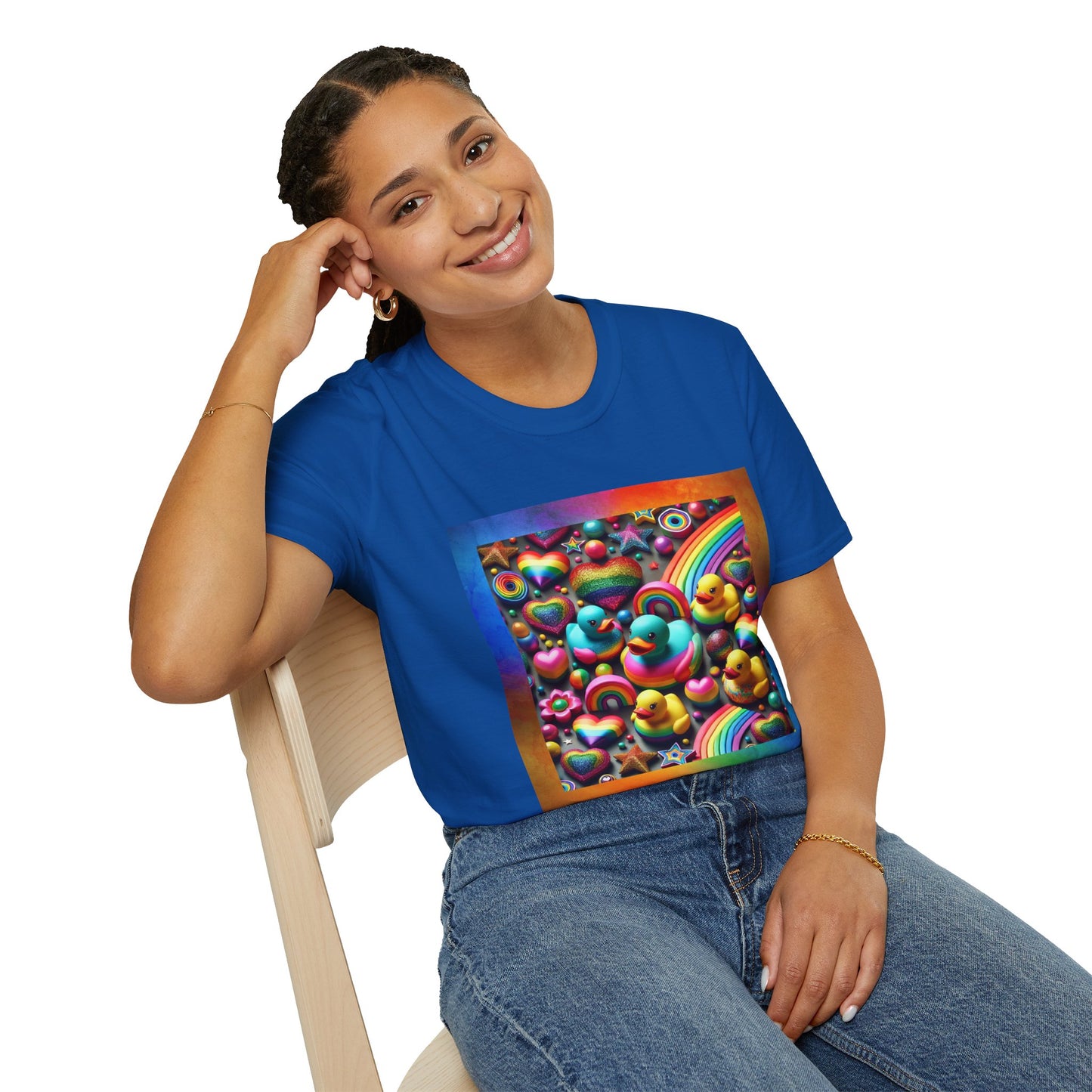 Rainbow Rubber Ducky Sparkle n Splash Hearts & Stars T-Shirt – Cute All-Over Print Tee for LGBTQ+ Inclusivity – Colorful Pride Fashion