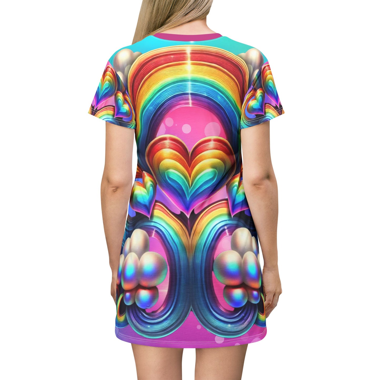 Rainbow Fantasy Fairytale Heart T-Shirt Dress – Vibrant All-Over Print Outfit for LGBTQ+ Pride & Festivals – 360° Colorful Dreamy Design