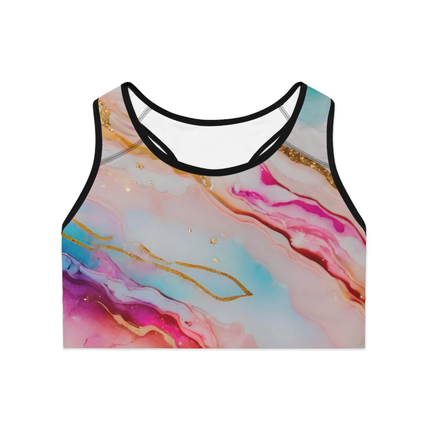 Rainbow Marble Magic Sports Bra – Pastel Swirl Activewear | Breathable, Stretchy Pride Fitness Top for All Genders by Rainbowtique