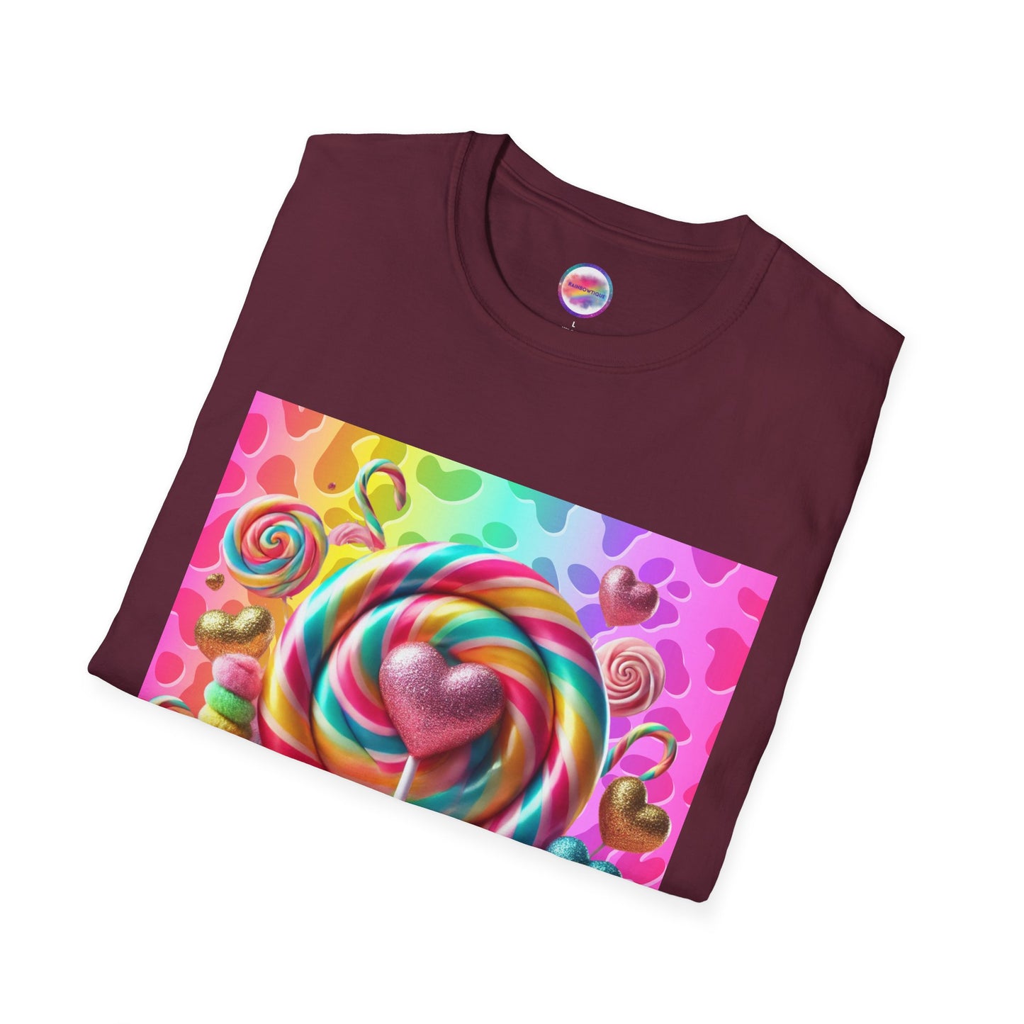 Sweet Rainbow Love Candy T-Shirt – Rainbow Glitter Heart & Lollipop Wonderland | Colorful Whimsical Tee for Fun & Pride