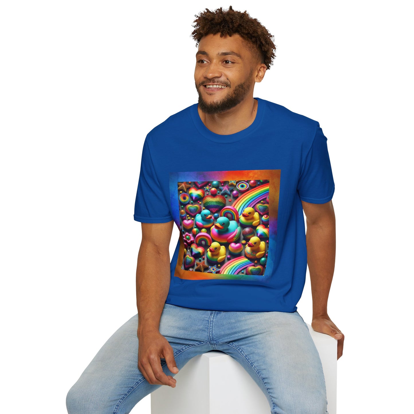 Rainbow Rubber Ducky Sparkle n Splash Hearts & Stars T-Shirt – Cute All-Over Print Tee for LGBTQ+ Inclusivity – Colorful Pride Fashion