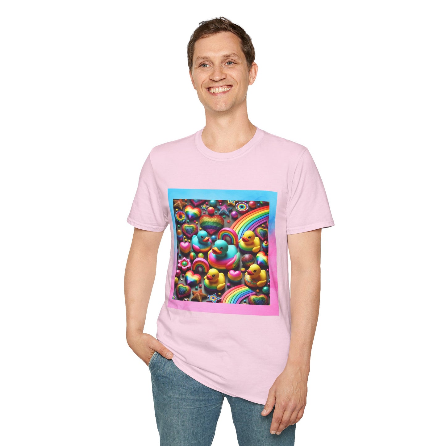 Rainbow Rubber Ducky Sparkle n Splash Hearts & Stars T-Shirt – Cute All-Over Print Tee for LGBTQ+ Inclusivity – Colorful Pride Fashion