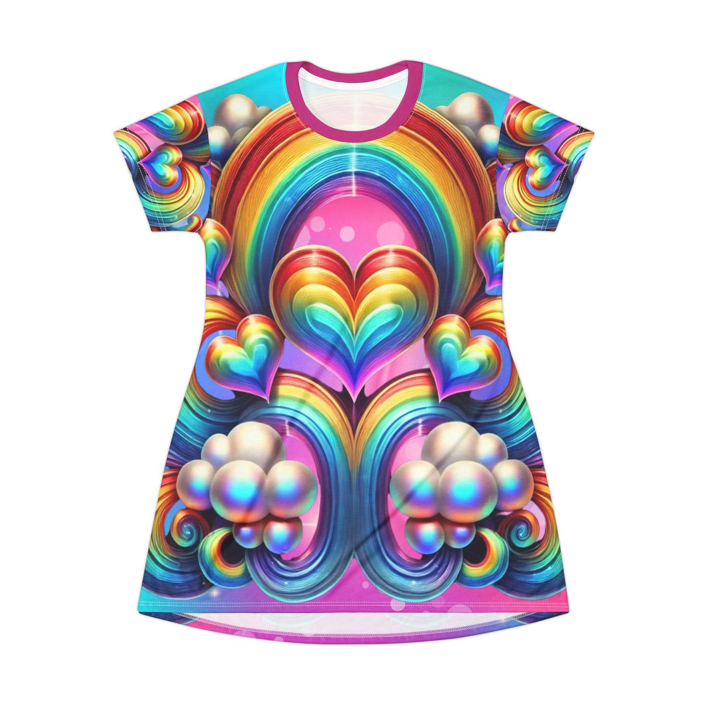 Rainbow Fantasy Fairytale Heart T-Shirt Dress – Vibrant All-Over Print Outfit for LGBTQ+ Pride & Festivals – 360° Colorful Dreamy Design