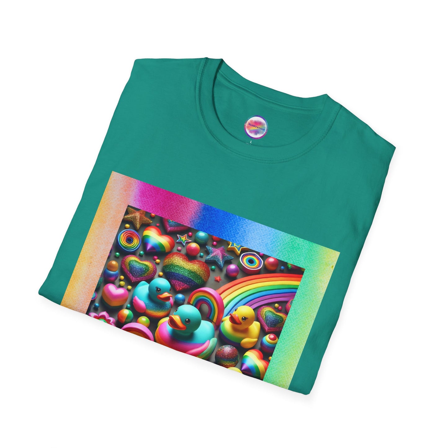 Rainbow Rubber Ducky Sparkle n Splash Hearts & Stars T-Shirt – Cute All-Over Print Tee for LGBTQ+ Inclusivity – Colorful Pride Fashion