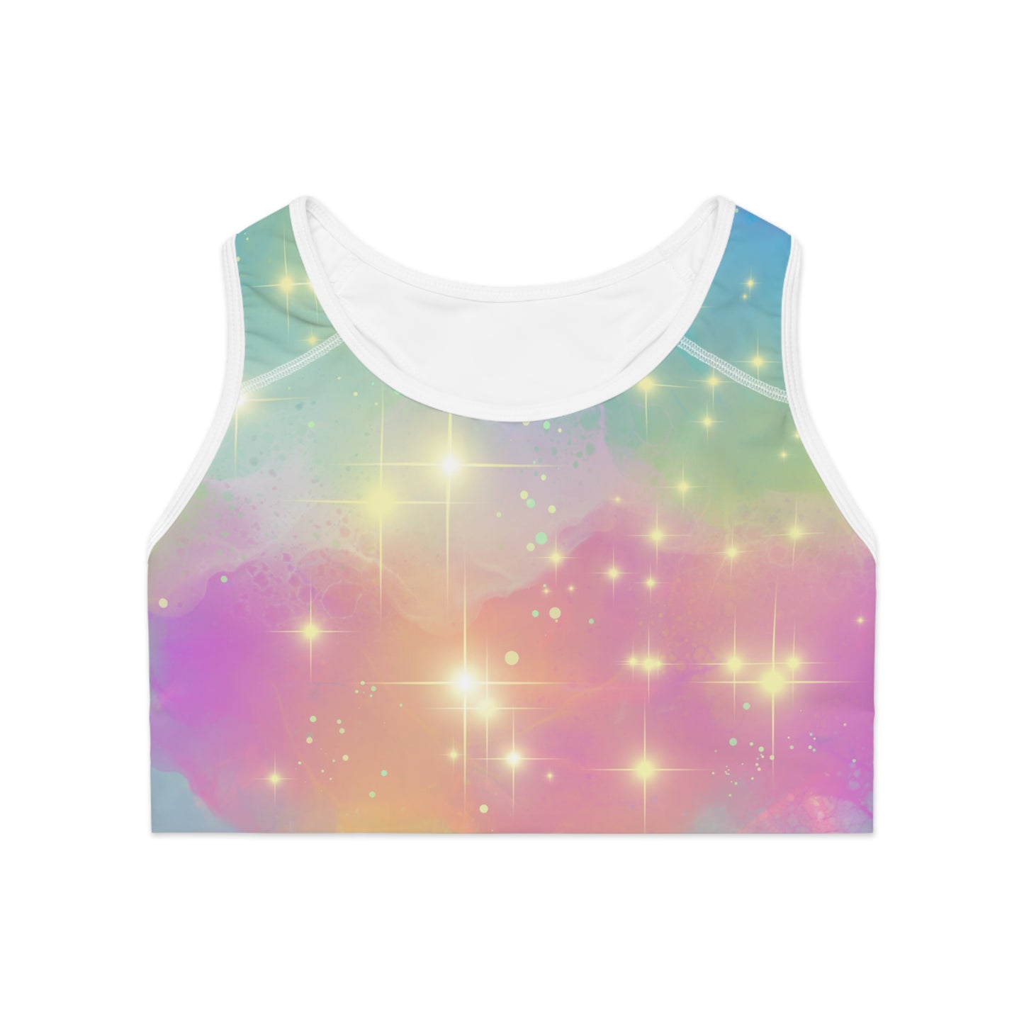 Cosmic Stardust Glow Sports Bra – Pastel Galaxy Pride Activewear | Breathable Stretchy All-Gender Workout Top by Rainbowtique