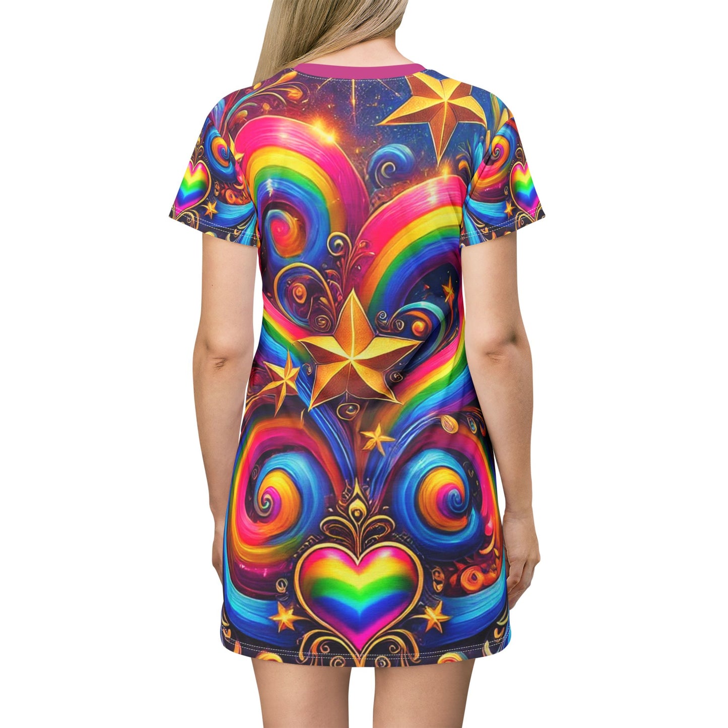 Rainbow Fantasy Swirl Heart T-Shirt Dress β Vibrant Outfit for Pride & Festivals β Colorful Fairytale Design