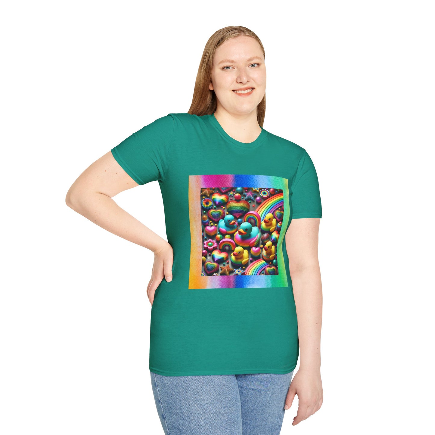 Rainbow Rubber Ducky Sparkle n Splash Hearts & Stars T-Shirt – Cute All-Over Print Tee for LGBTQ+ Inclusivity – Colorful Pride Fashion