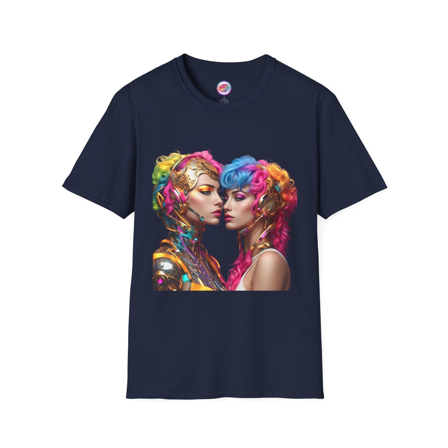 AI Rainbow Robot Love T-Shirt – Vibrant LGBTQ+ Couple Art Tee – Futuristic Pride Fashion for Equality & Inclusivity (Multiple Colors to Choose From)