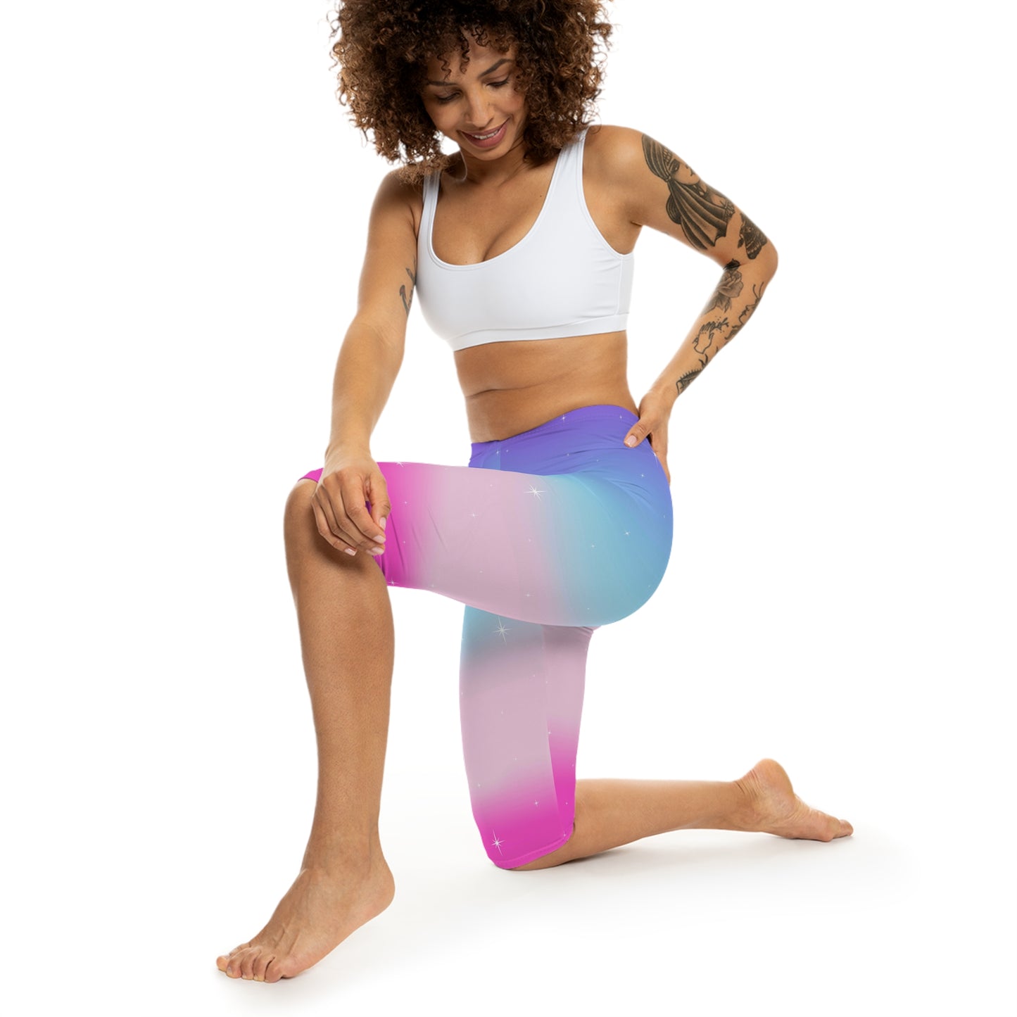 Rainbow Cotton Candy Cosmos Capri Leggings – Vibrant Galaxy Pattern from Rainbowtique’s Athletic Wear Collection