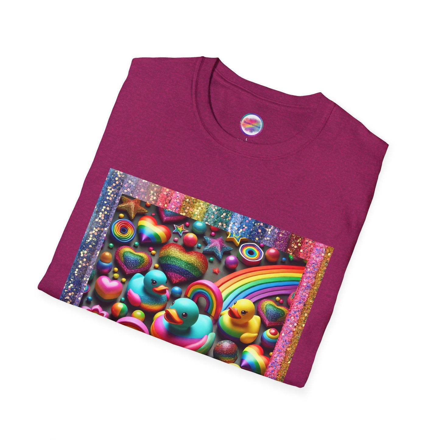 Rainbow Rubber Ducky Sparkle n Splash Hearts & Stars T-Shirt – Cute All-Over Print Tee for LGBTQ+ Inclusivity – Colorful Pride Fashion