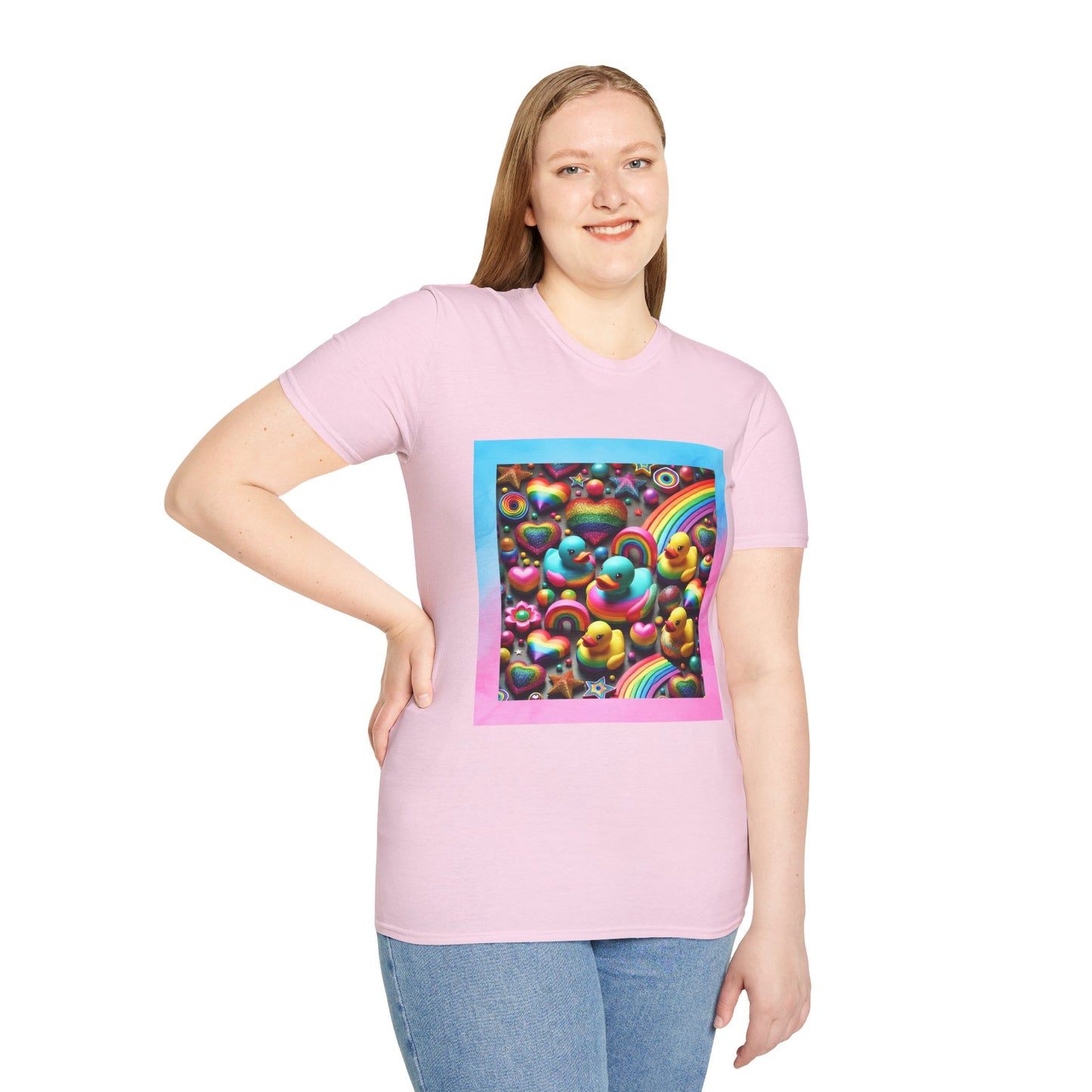 Rainbow Rubber Ducky Sparkle n Splash Hearts & Stars T-Shirt – Cute All-Over Print Tee for LGBTQ+ Inclusivity – Colorful Pride Fashion