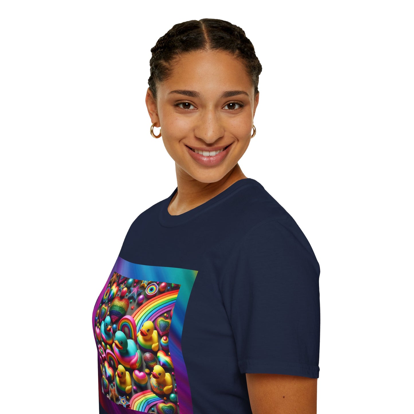 Rainbow Rubber Ducky Sparkle n Splash Hearts & Stars T-Shirt – Cute All-Over Print Tee for LGBTQ+ Inclusivity – Colorful Pride Fashion