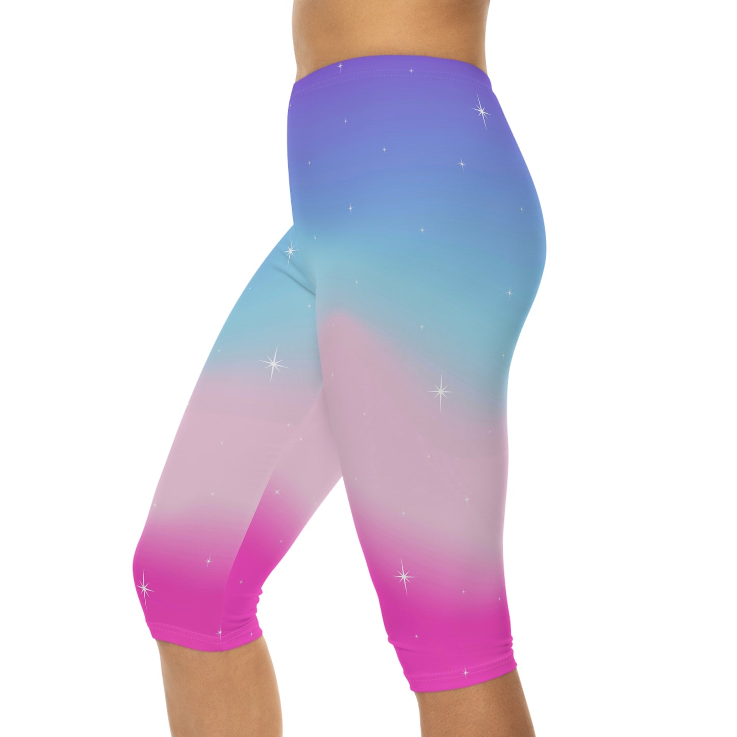 Rainbow Cotton Candy Cosmos Capri Leggings – Vibrant Galaxy Pattern from Rainbowtique’s Athletic Wear Collection