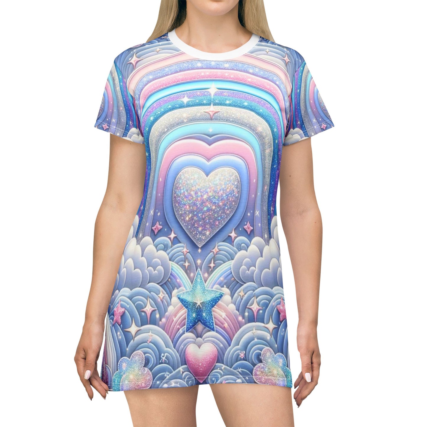 Rainbow Dreamscape Fantasy Fairytale Trans Pride T-Shirt Dress β Dreamy All-Over Print Outfit for LGBTQ+ Pride & Self-Expression β Pastel Heart & Cloud Design