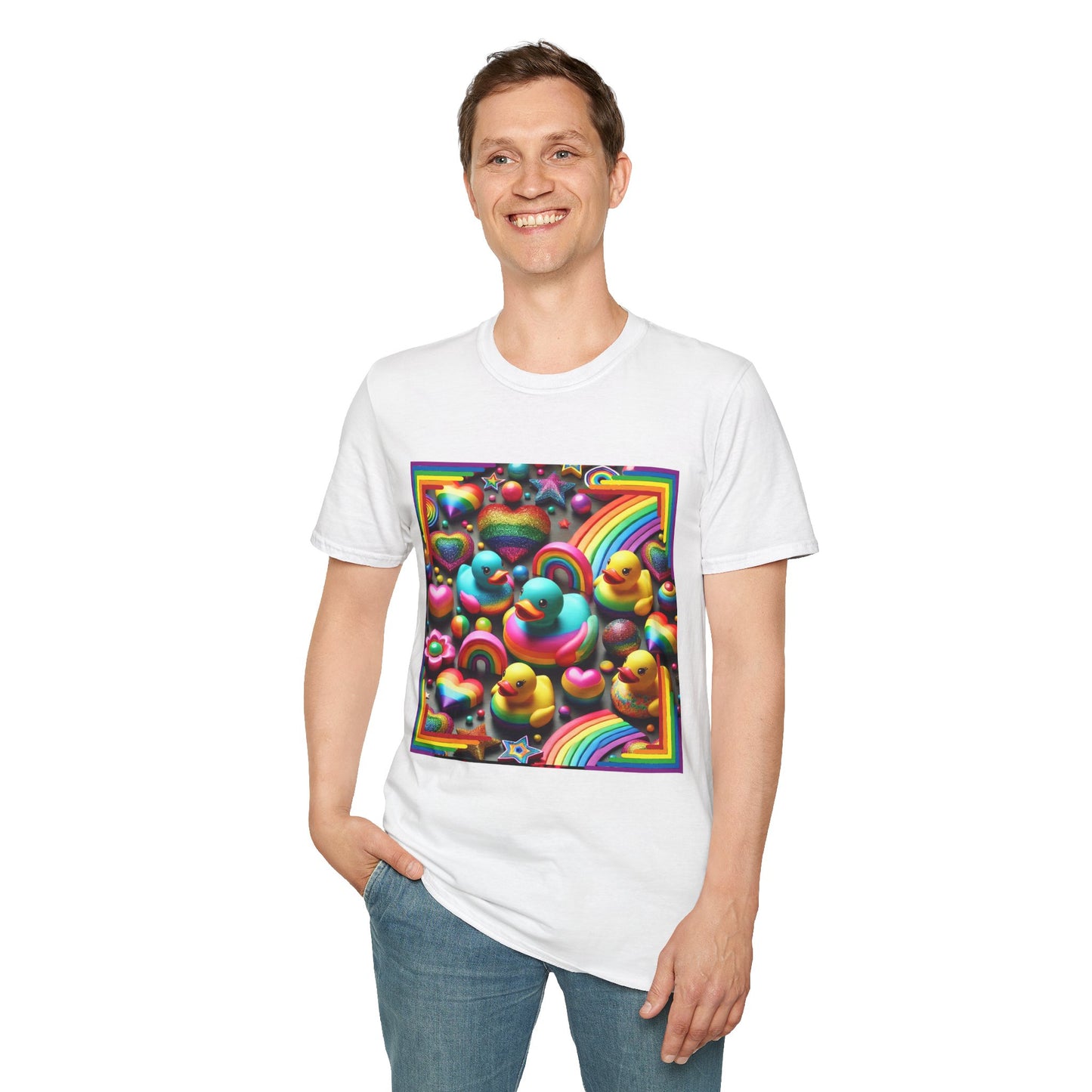 Rainbow Rubber Ducky Sparkle n Splash Hearts & Stars T-Shirt – Cute All-Over Print Tee for LGBTQ+ Inclusivity – Colorful Pride Fashion