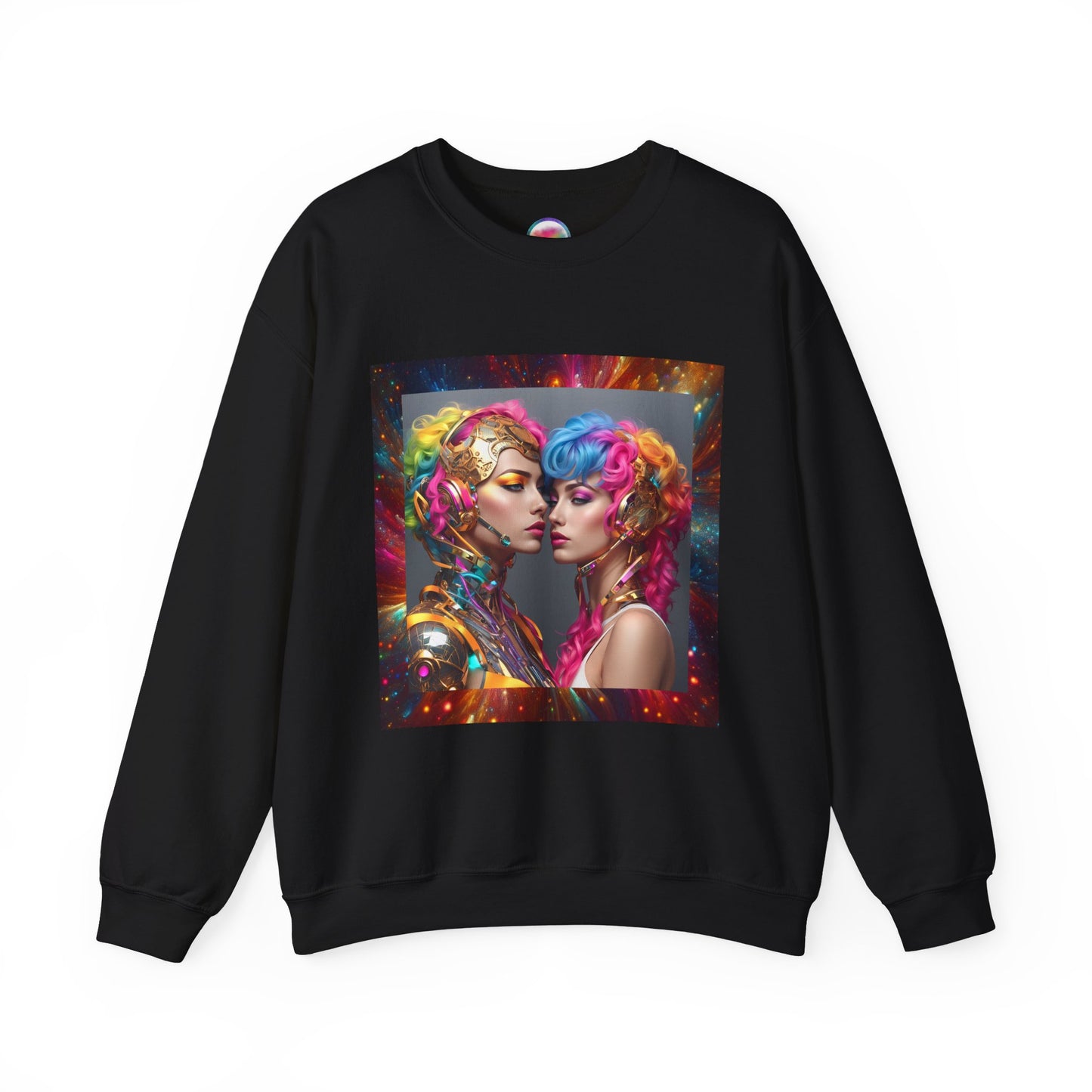 AI Rainbow Robot Love Sweatshirt – Cozy & Stylish All-Over Print Crewneck – LGBTQ+ Pride Winter Fashion