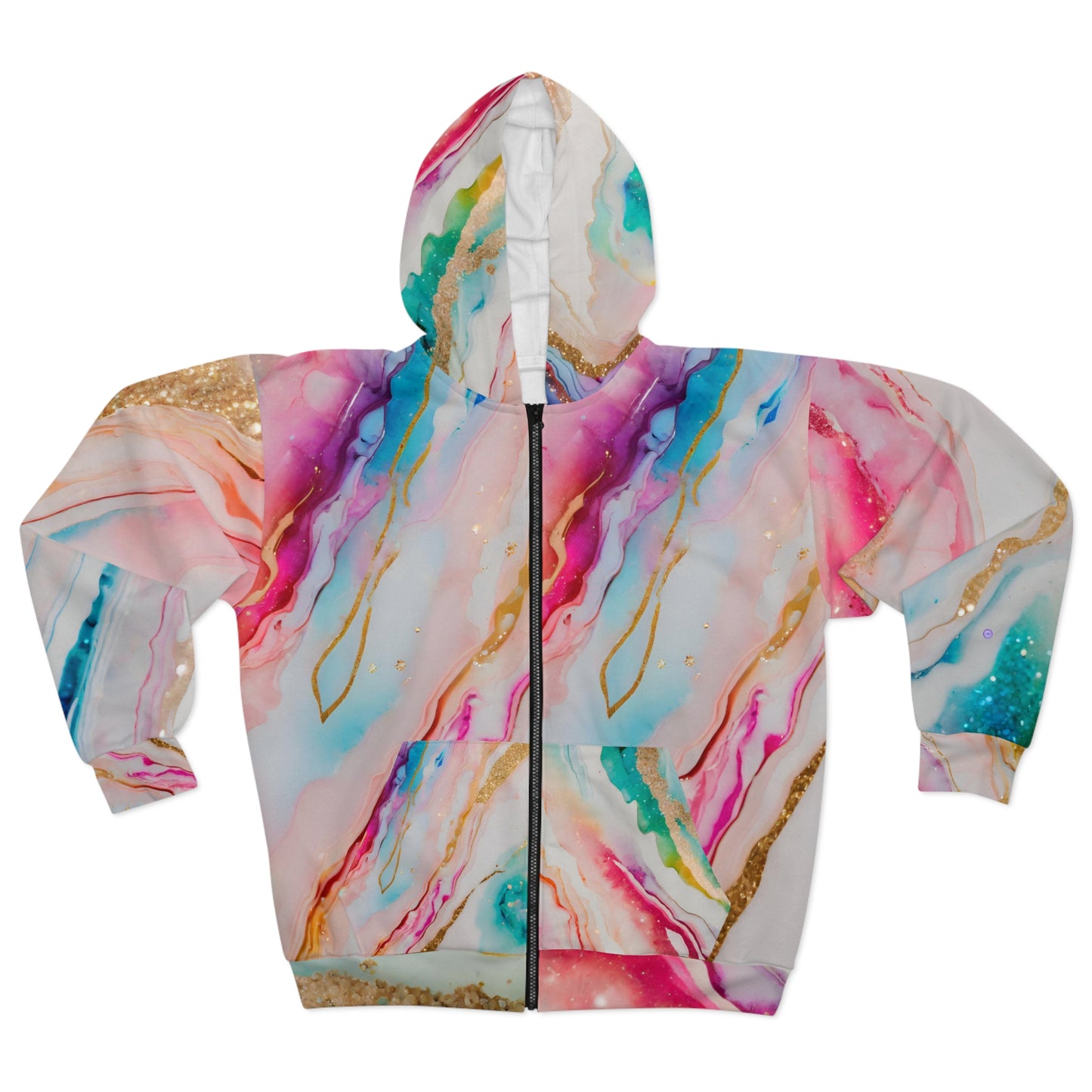 Rainbow Marble Magic Zip Hoodie – Colorful Pride Jacket | Luxe Pastel Watercolor All-Over Print Hoodie for All Genders by Rainbowtique