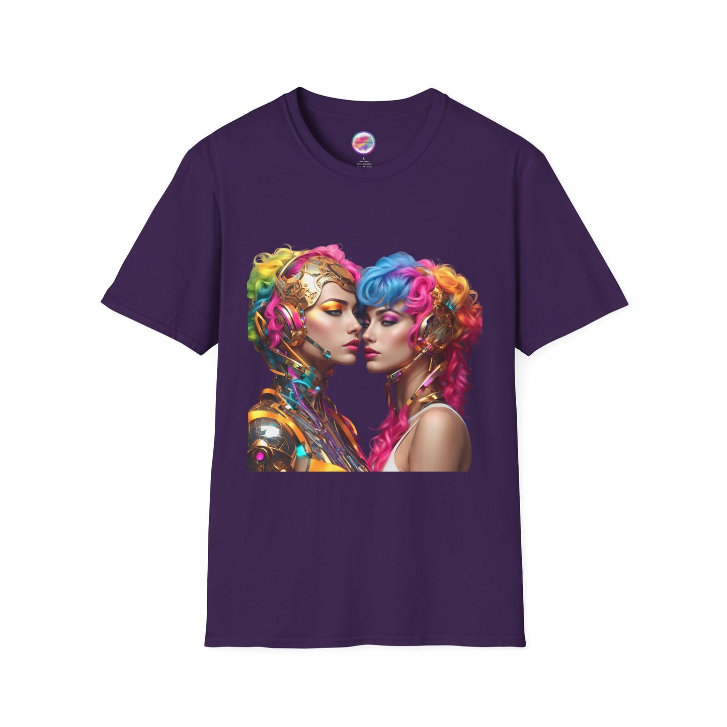 AI Rainbow Robot Love T-Shirt – Vibrant LGBTQ+ Couple Art Tee – Futuristic Pride Fashion for Equality & Inclusivity (Multiple Colors to Choose From)