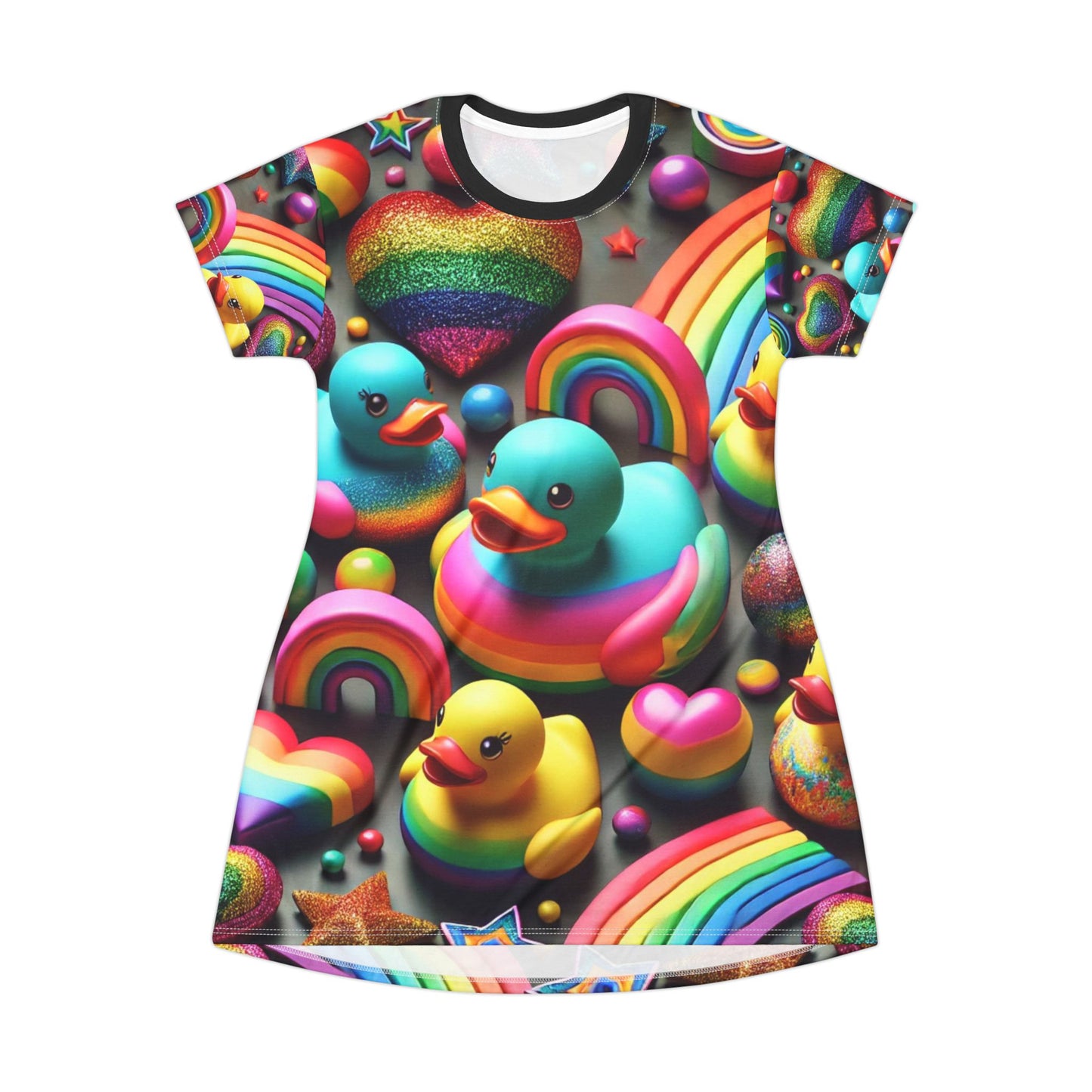 Sparkle n Splash Rainbow Rubber Ducky T-Shirt Dress – Playful All-Over Print Outfit for Fun & Pride – Colorful LGBTQ+ Fashion