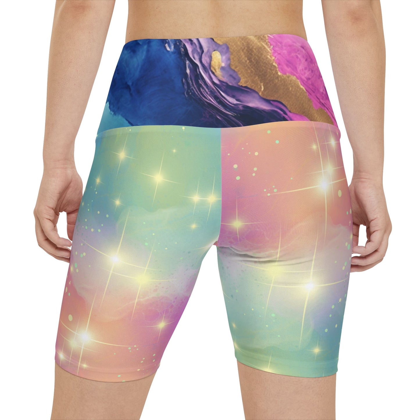Cosmic Stardust Glow Workout Shorts – Pastel Galaxy Pride Activewear | High-Waisted Stretchy Fitness Shorts by Rainbowtique