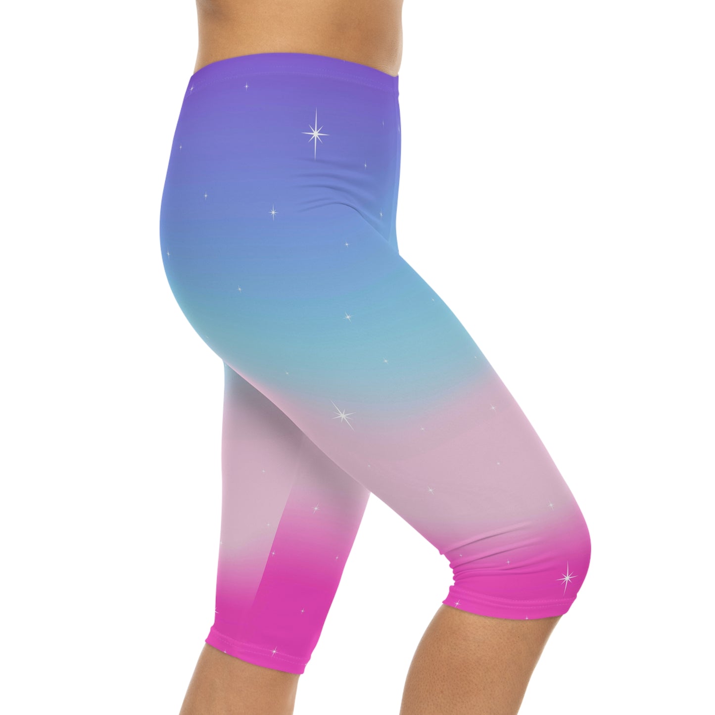 Rainbow Cotton Candy Cosmos Capri Leggings – Vibrant Galaxy Pattern from Rainbowtique’s Athletic Wear Collection