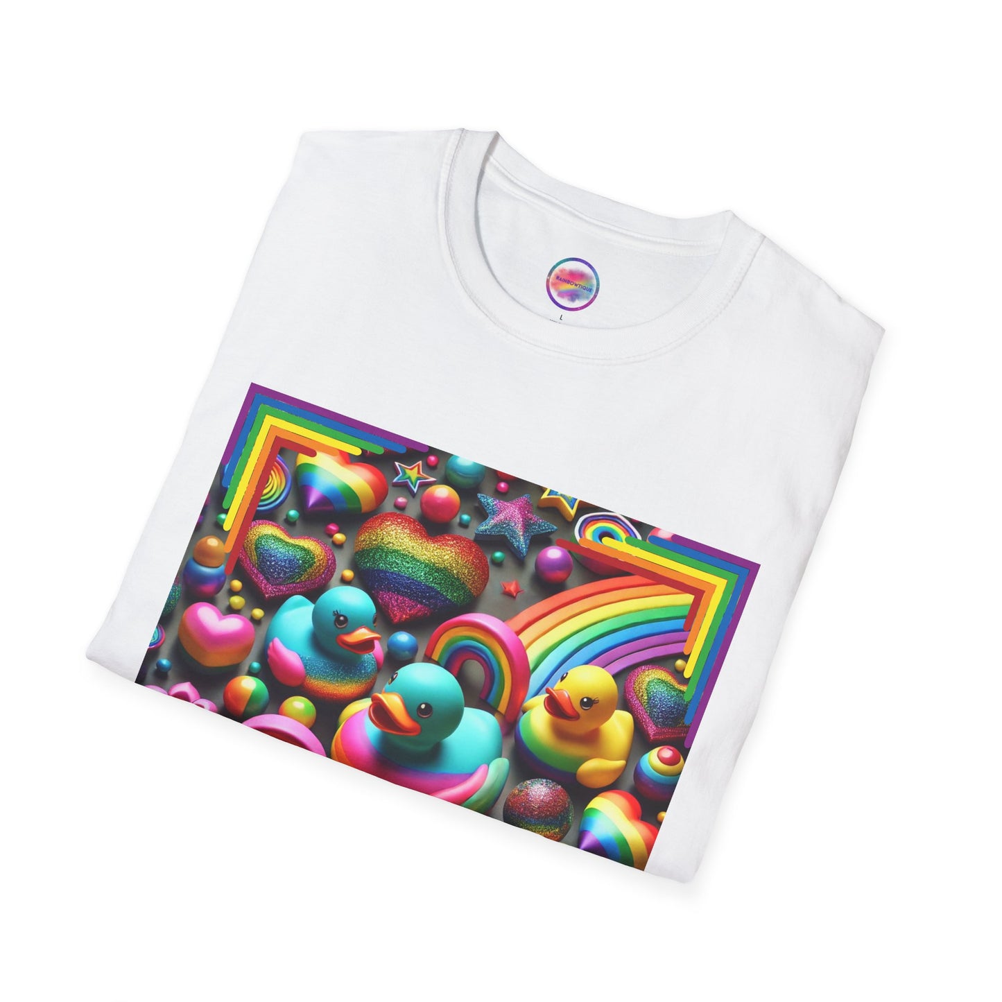 Rainbow Rubber Ducky Sparkle n Splash Hearts & Stars T-Shirt – Cute All-Over Print Tee for LGBTQ+ Inclusivity – Colorful Pride Fashion