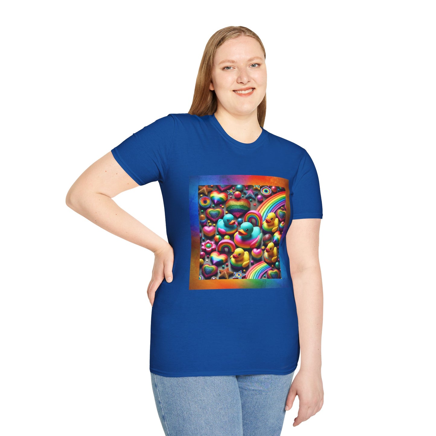 Rainbow Rubber Ducky Sparkle n Splash Hearts & Stars T-Shirt – Cute All-Over Print Tee for LGBTQ+ Inclusivity – Colorful Pride Fashion
