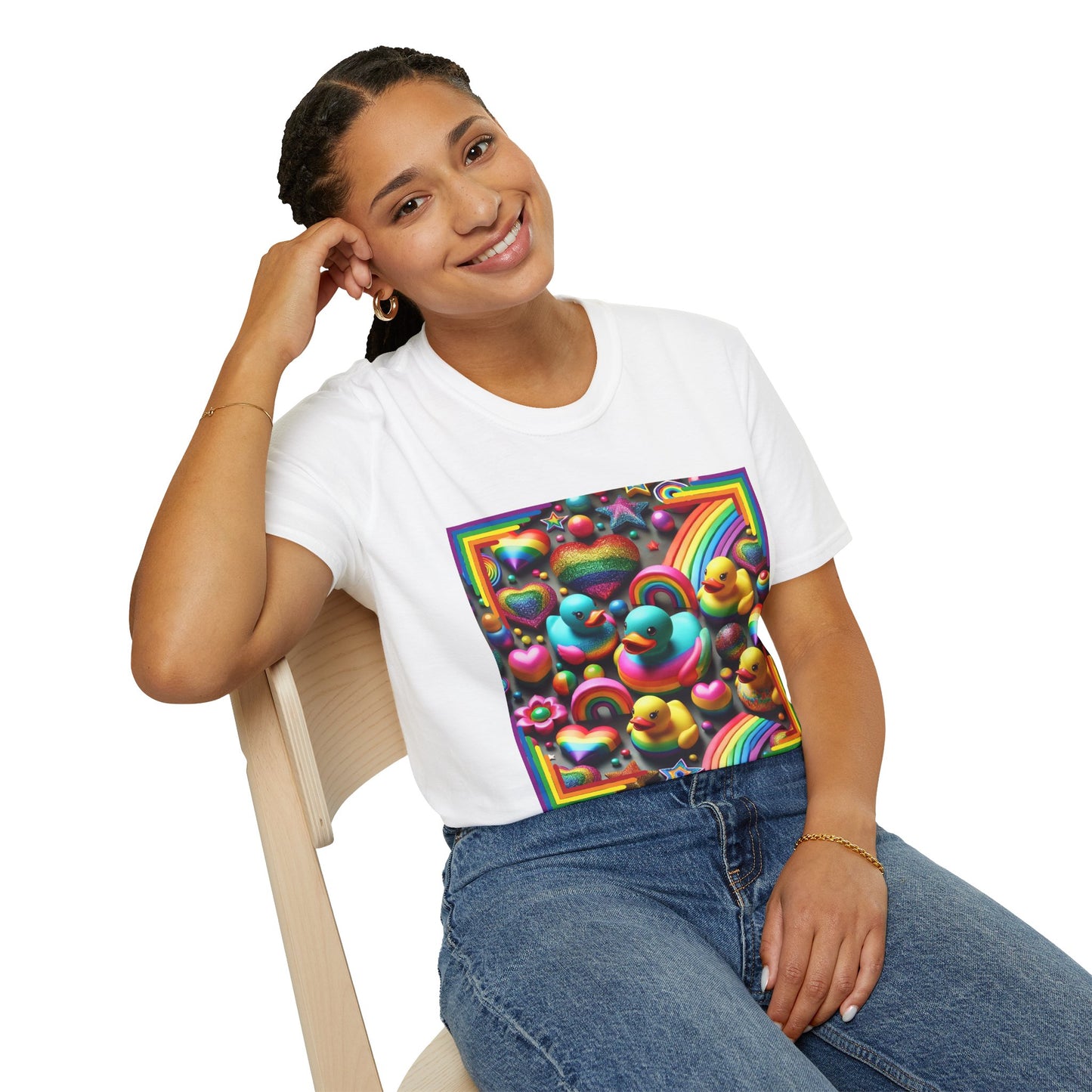 Rainbow Rubber Ducky Sparkle n Splash Hearts & Stars T-Shirt – Cute All-Over Print Tee for LGBTQ+ Inclusivity – Colorful Pride Fashion
