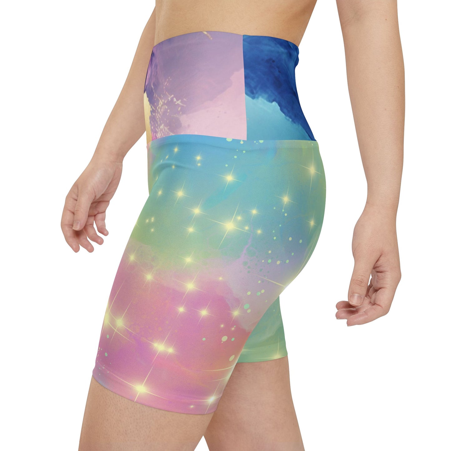 Cosmic Stardust Glow Workout Shorts – Pastel Galaxy Pride Activewear | High-Waisted Stretchy Fitness Shorts by Rainbowtique