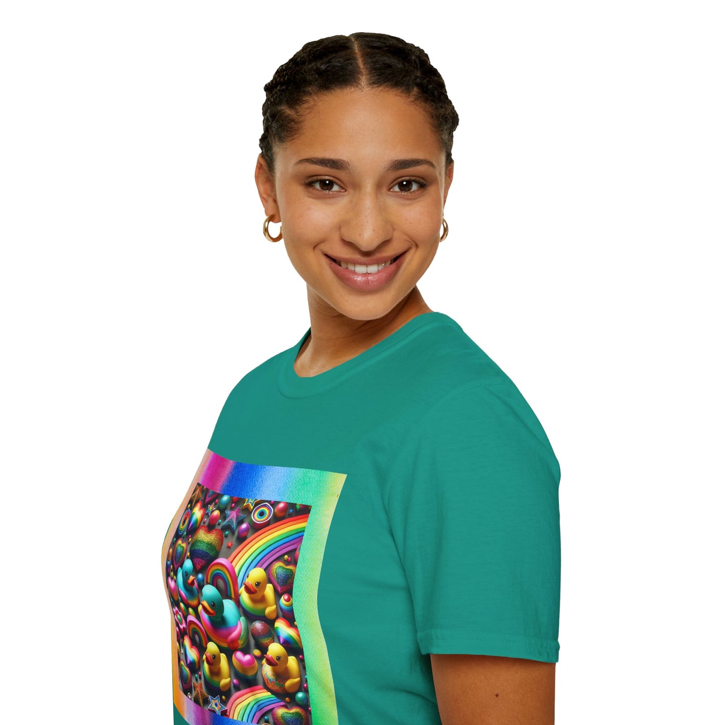 Rainbow Rubber Ducky Sparkle n Splash Hearts & Stars T-Shirt – Cute All-Over Print Tee for LGBTQ+ Inclusivity – Colorful Pride Fashion