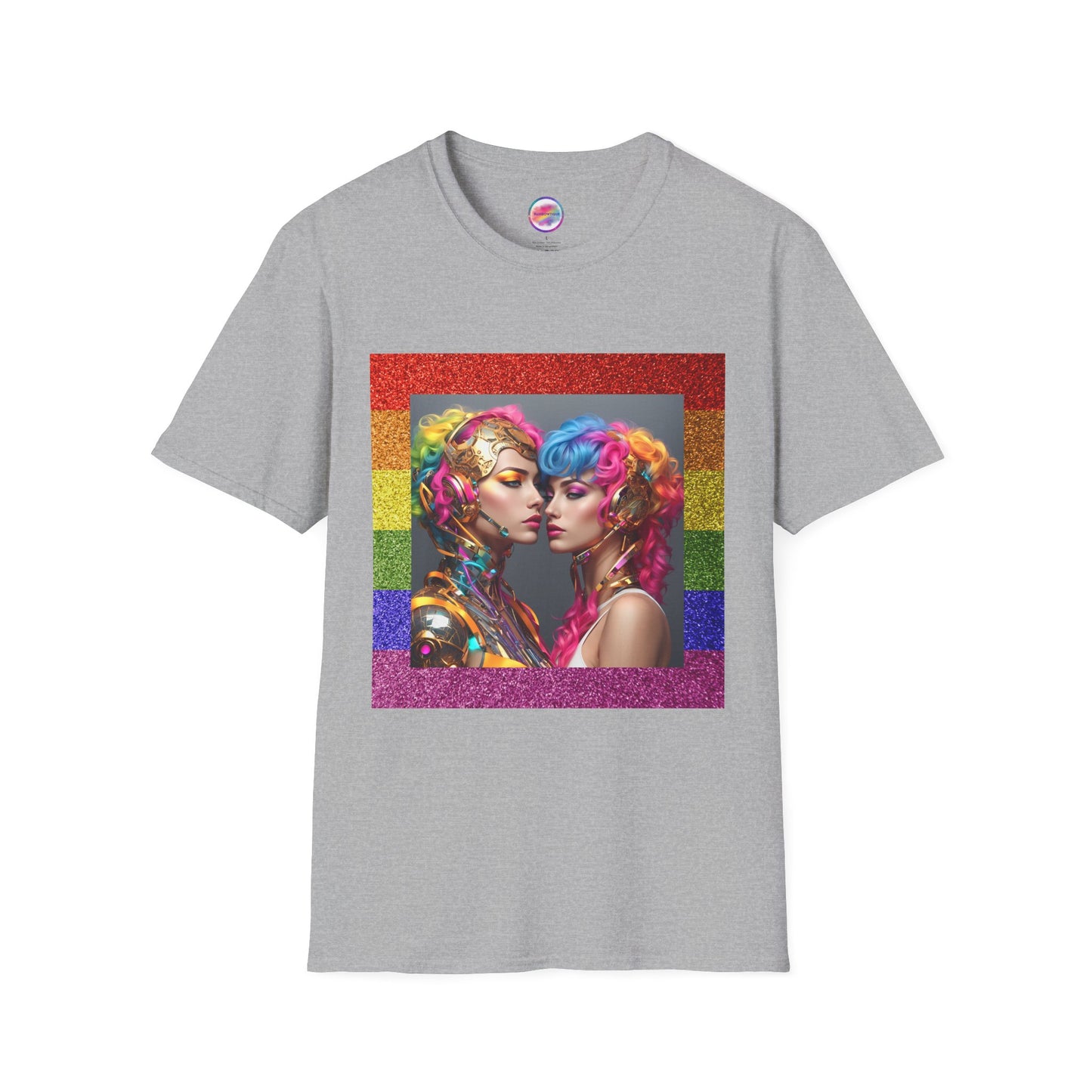 AI Rainbow Robot Love T-Shirt – Trendy & Futuristic All-Over Print Tee – LGBTQ+ Pride & Love is Love Fashion