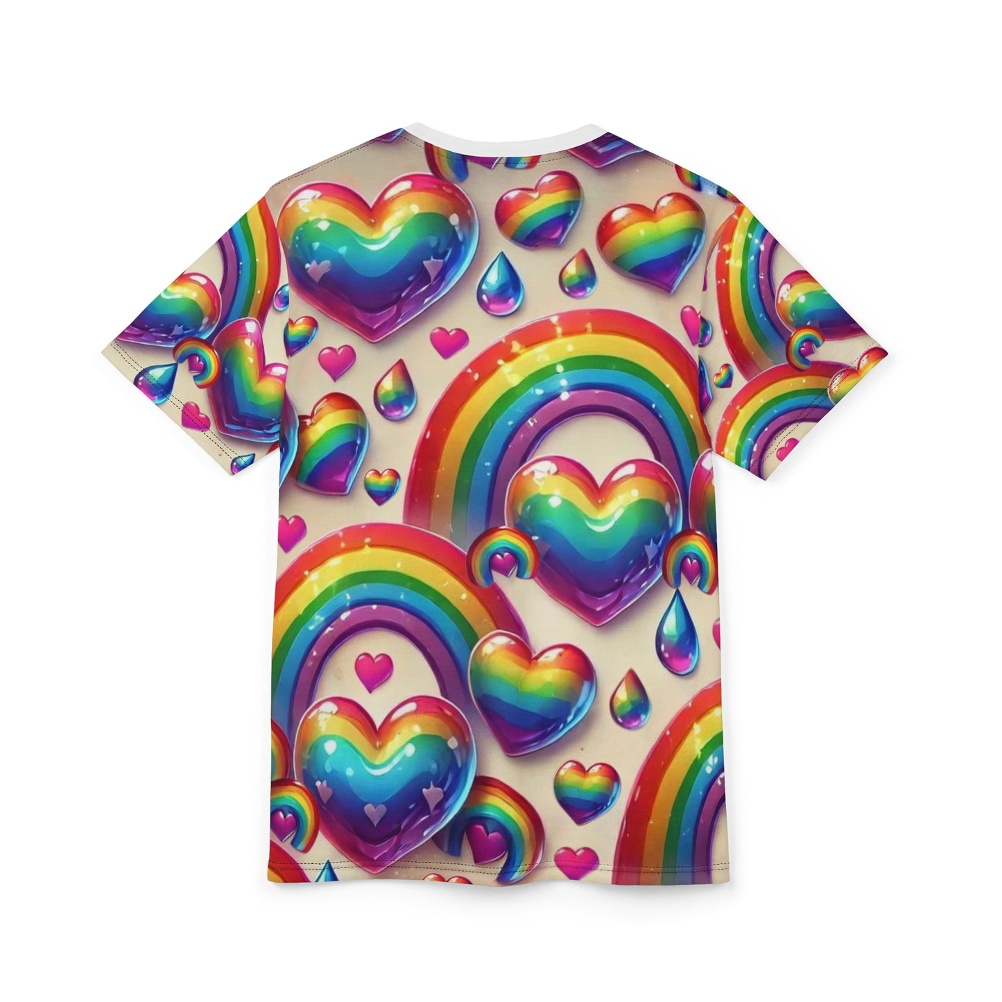 Rainbow Radiance Hearts T-Shirt – Vibrant & Colorful All-Over Print Tee – LGBTQ+ Pride & Festival Fashion
