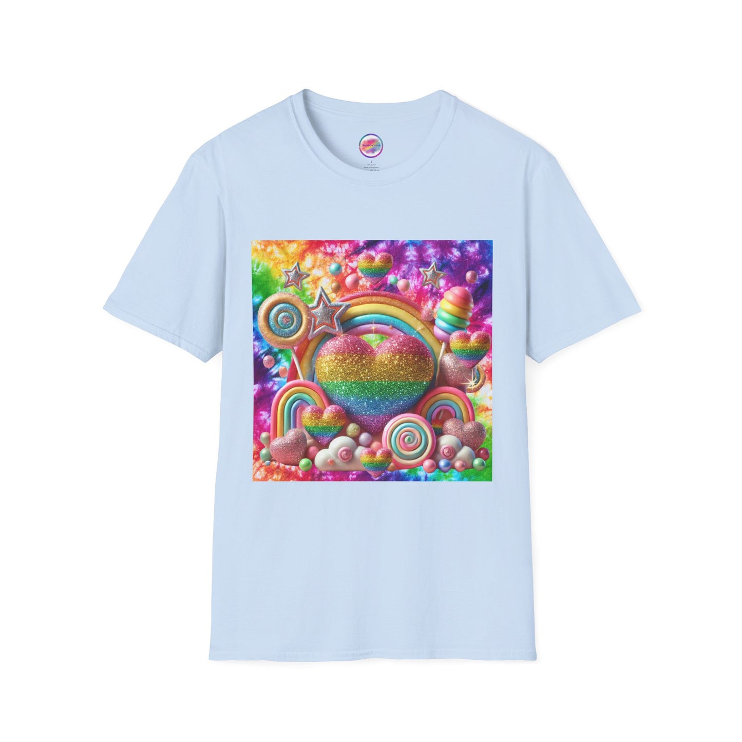 Sweet Rainbow Love Candy T-Shirt – Rainbow Glitter Heart & Lollipop Wonderland | Colorful Whimsical Tee for Fun & Pride