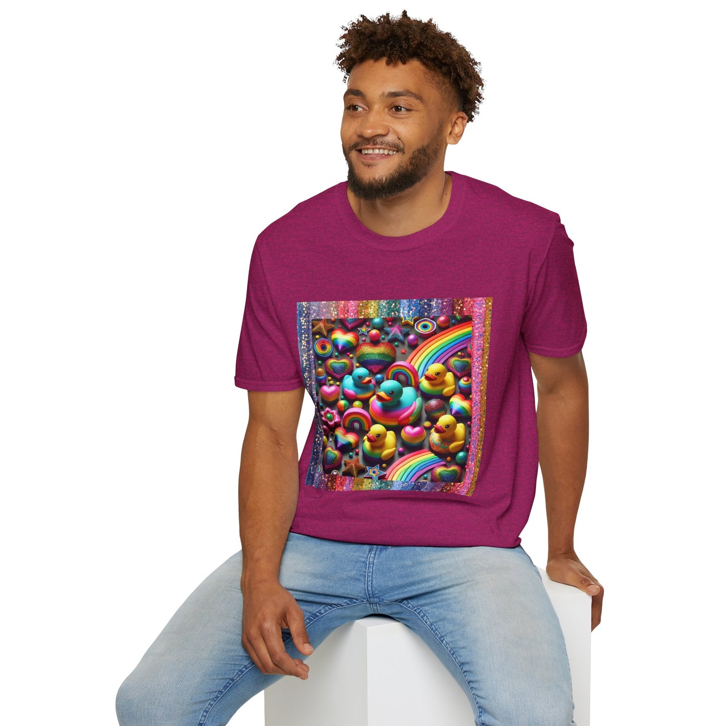 Rainbow Rubber Ducky Sparkle n Splash Hearts & Stars T-Shirt – Cute All-Over Print Tee for LGBTQ+ Inclusivity – Colorful Pride Fashion