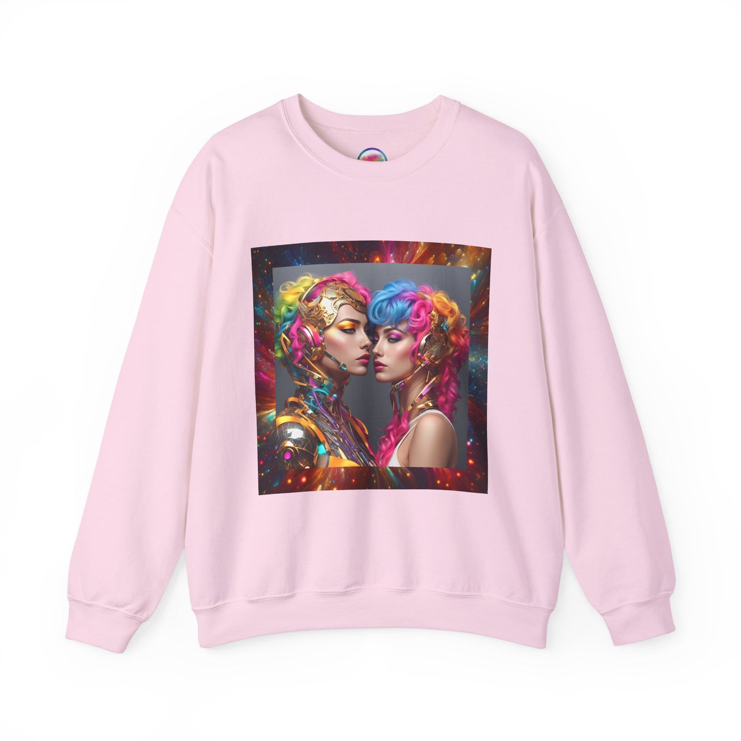 AI Rainbow Robot Love Sweatshirt – Cozy & Stylish All-Over Print Crewneck – LGBTQ+ Pride Winter Fashion